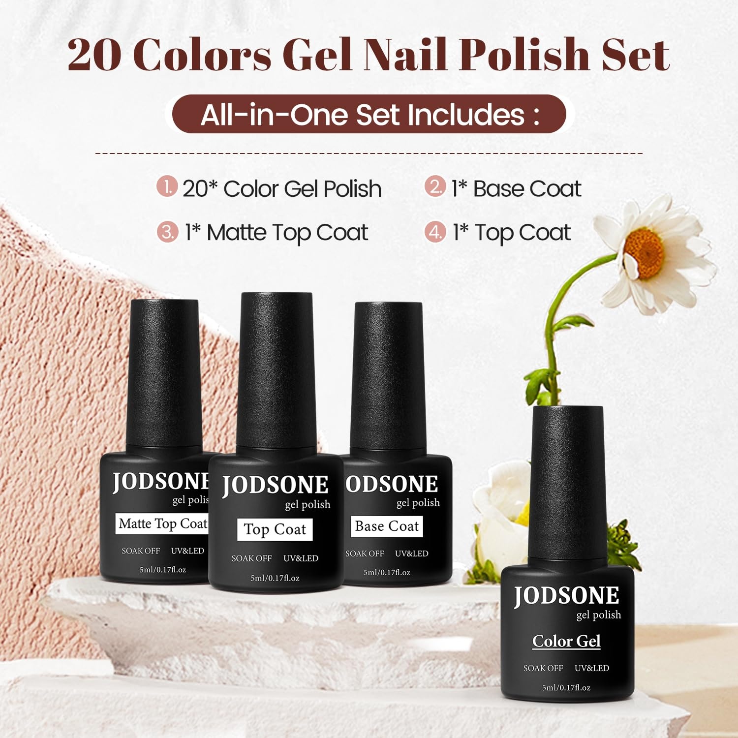 JODSONE 23 PCS Gel Nail Polish Set with Base Glossy and Matte Top Coat Multicolored Gel Nail Long Lasting Suitable for All Seasons(20SET-01A)