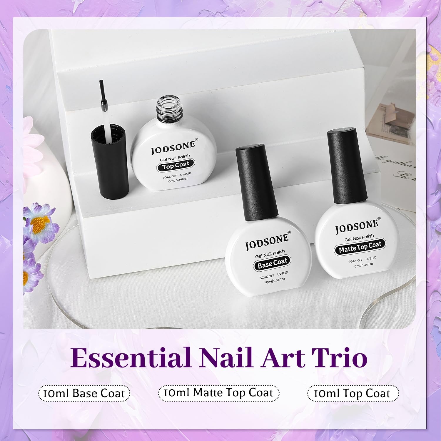 JODSONE 4 Bottle 10ML Nail Primer Base Coat Top Coat and Builder Gel Glossy Durable Long Lasting Gift for Girls at Home Salon Design(3pcs Top and Base coat + Matte Top Coat) - view 7