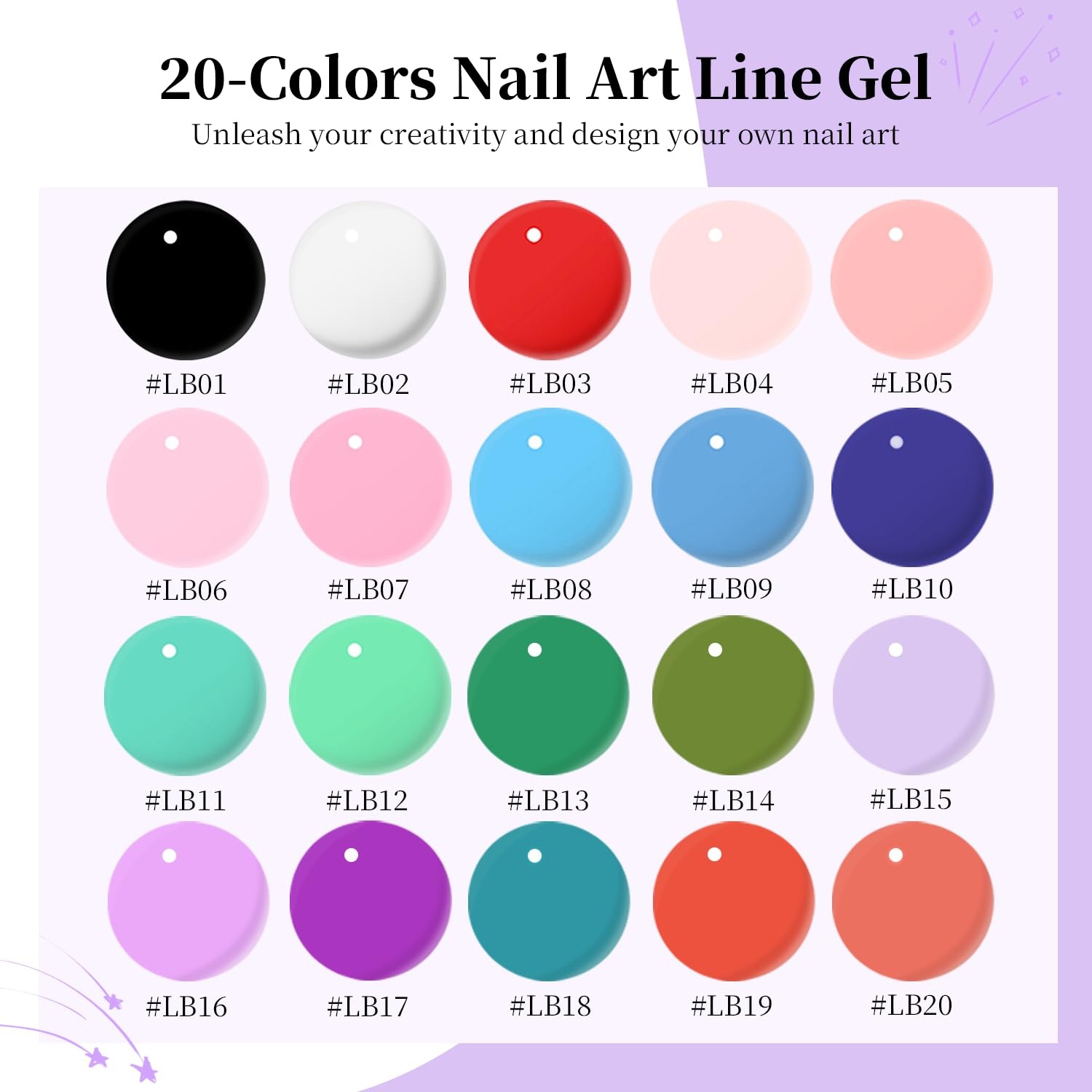 JODSONE 5ml Nail Art Gel Liner Set 10 Colors Gel Nail Polish Need U V Lamp Cured with Thin Brush Gift for Girls at Home Salon Design,Pink Red Blue Purple(LB01-LB20)