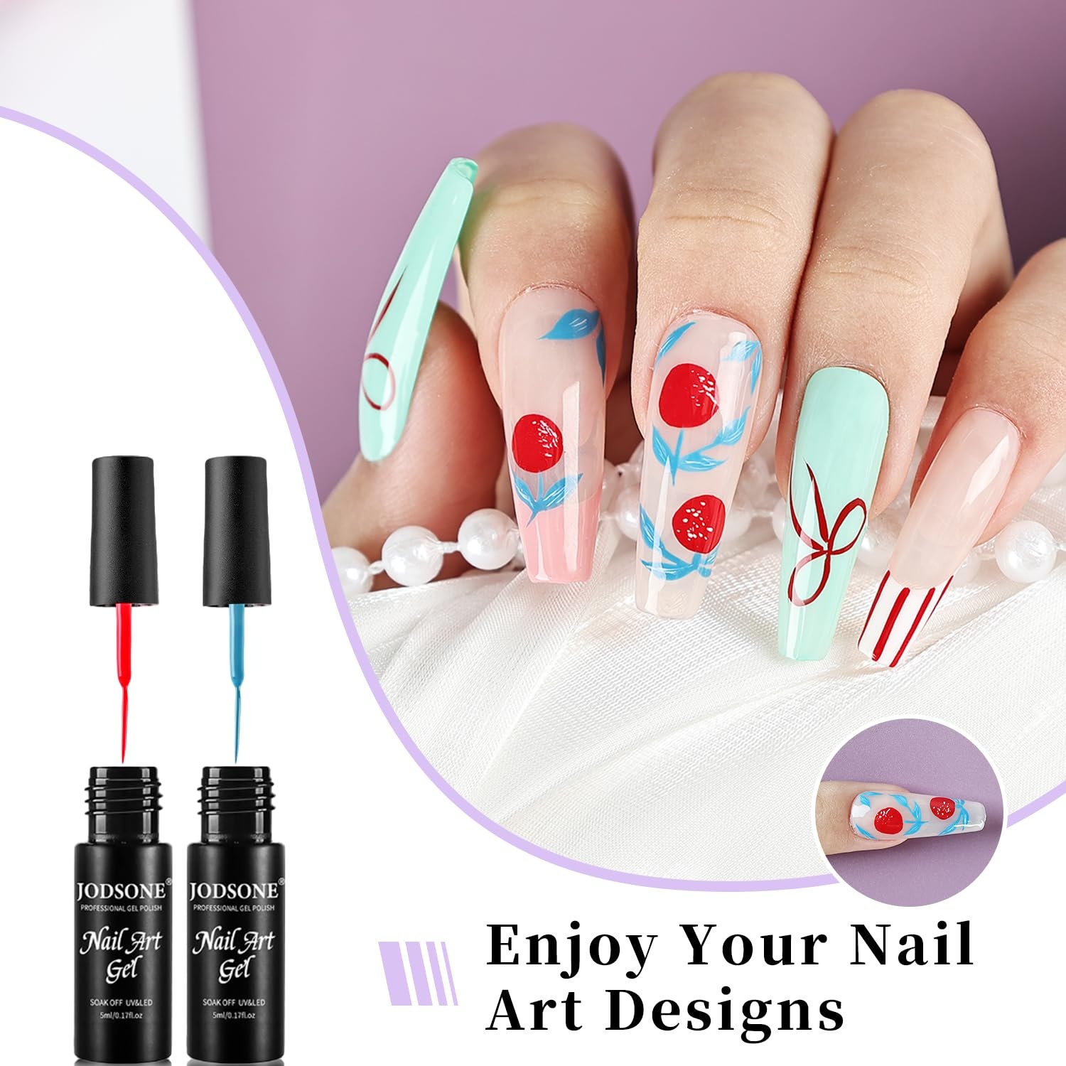 JODSONE 5ml Nail Art Gel Liner Set 10 Colors Gel Nail Polish Need U V Lamp Cured with Thin Brush Gift for Girls at Home Salon Design,Pink Red Blue Purple(LB01-LB20) - view 3