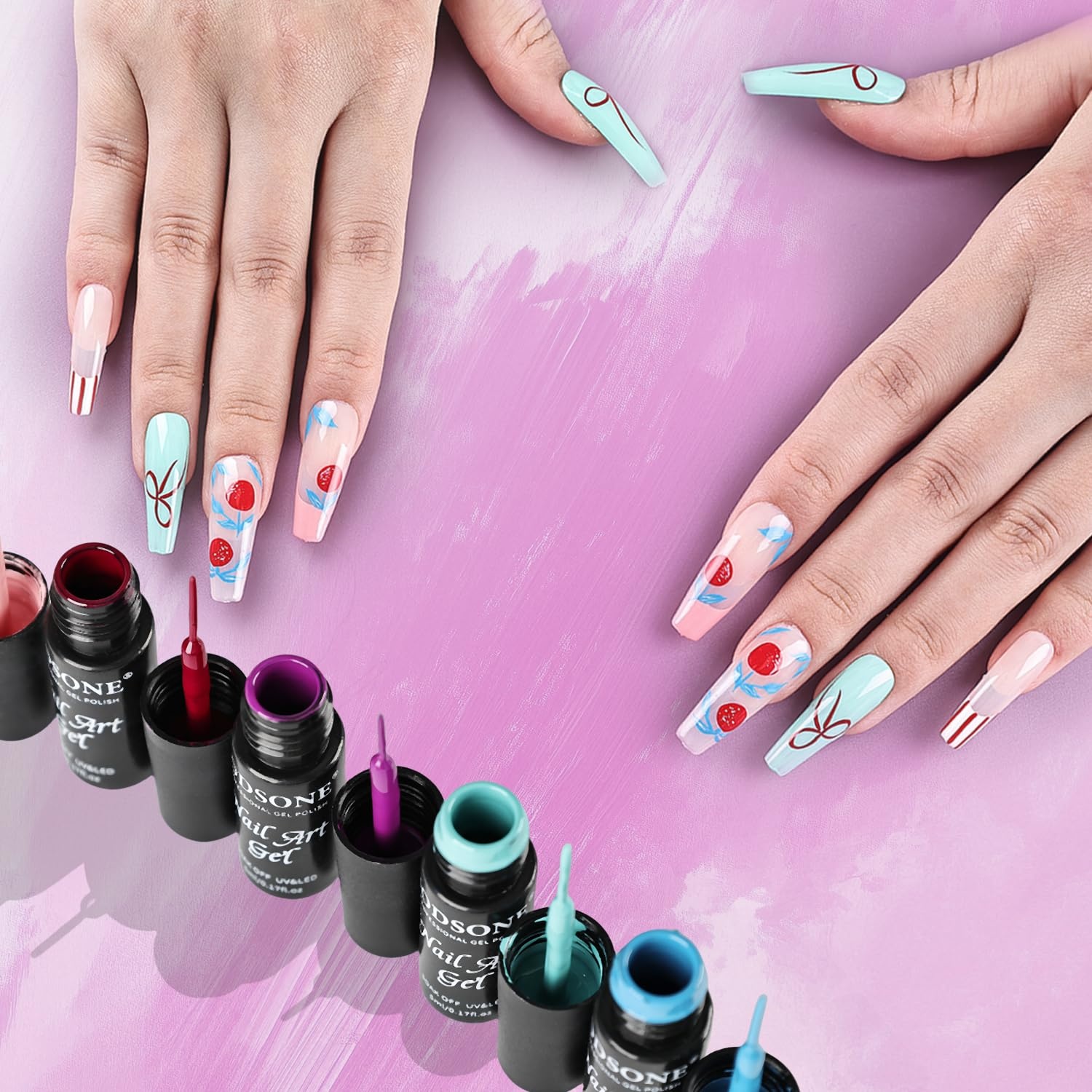 JODSONE 5ml Nail Art Gel Liner Set 10 Colors Gel Nail Polish Need U V Lamp Cured with Thin Brush Gift for Girls at Home Salon Design,Pink Red Blue Purple(LB01-LB20) - view 7