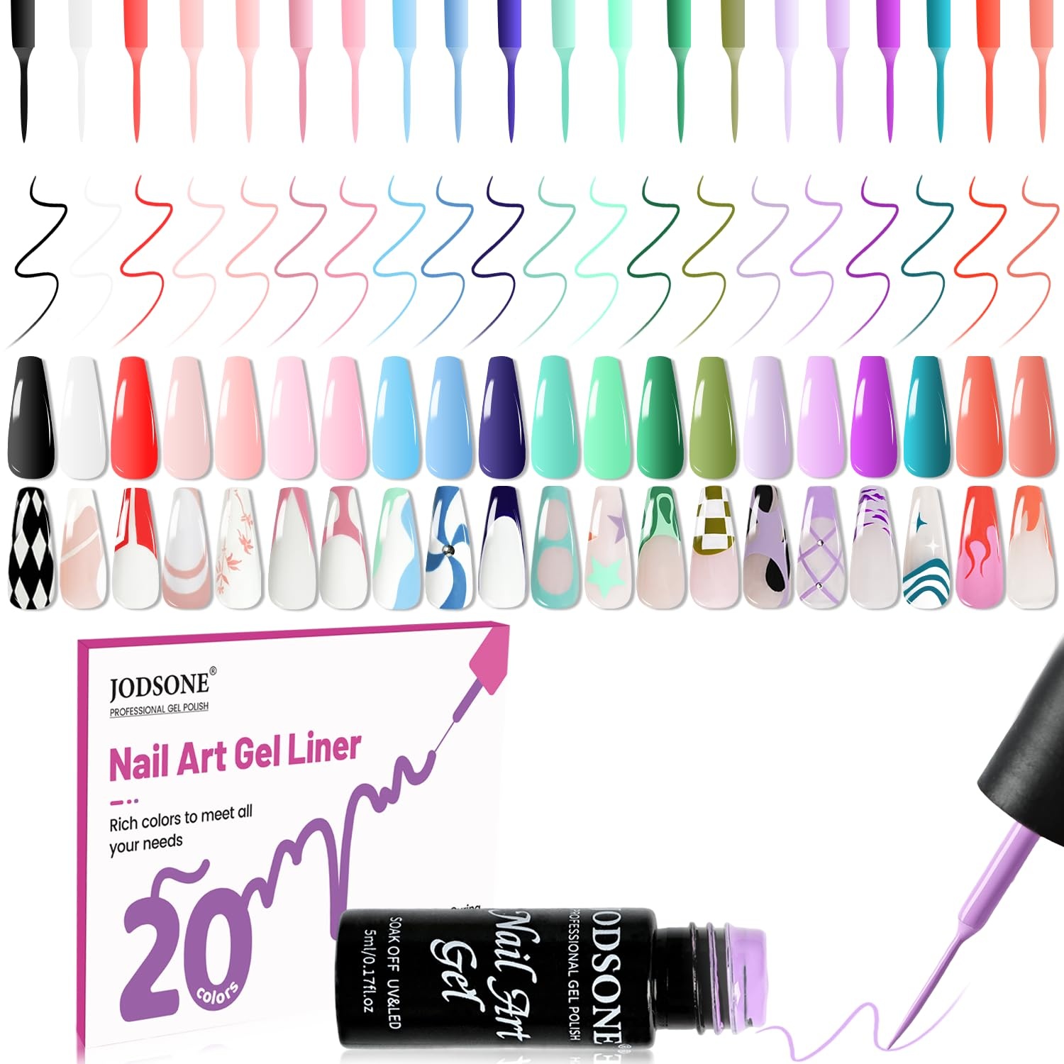 JODSONE 5ml Nail Art Gel Liner Set 10 Colors Gel Nail Polish Need U V Lamp Cured with Thin Brush Gift for Girls at Home Salon Design,Pink Red Blue Purple(LB01-LB20) - view 8