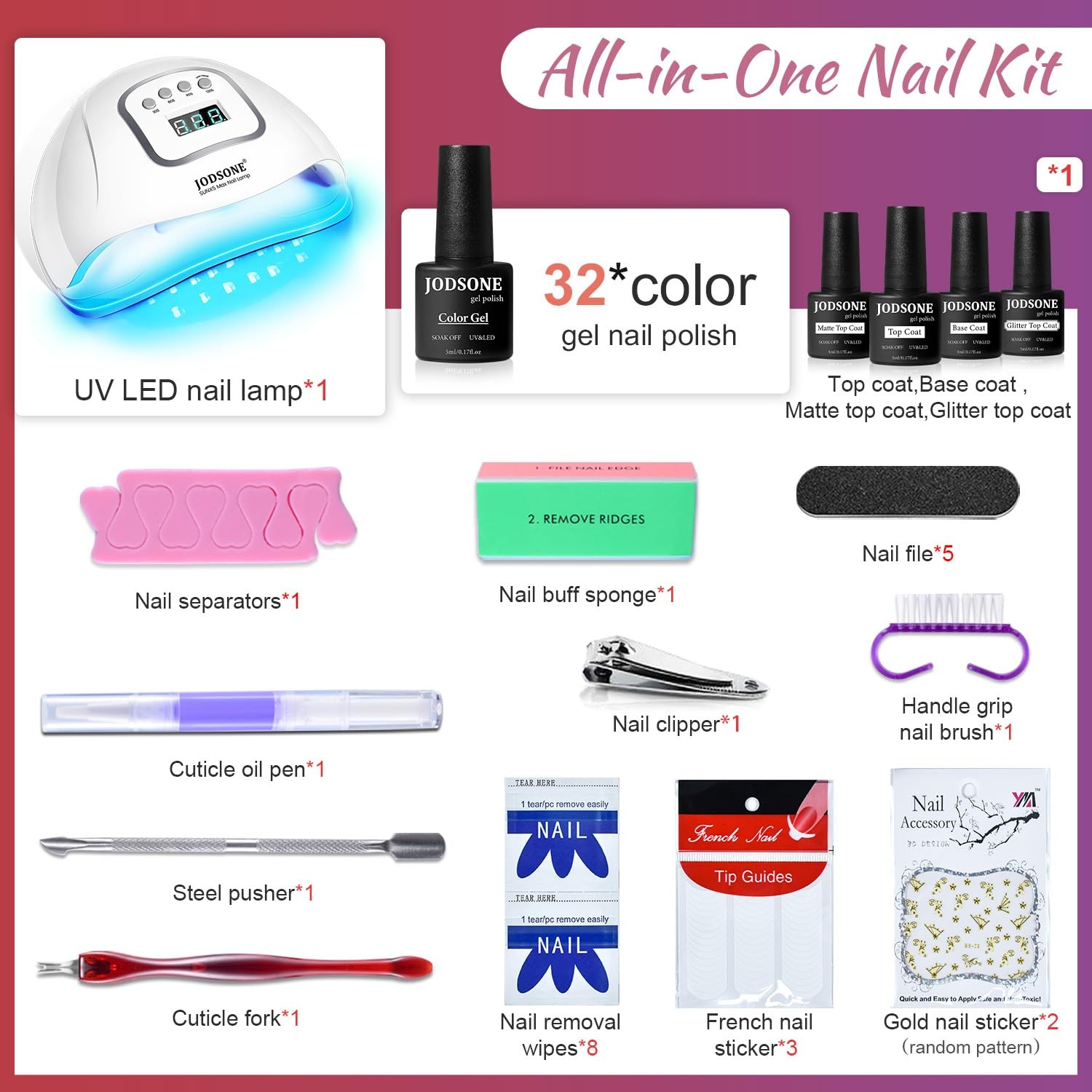 JODSONE Gel Nail Polish Kit with U V Light 32 Colors Top Coat Base Coat - view 2