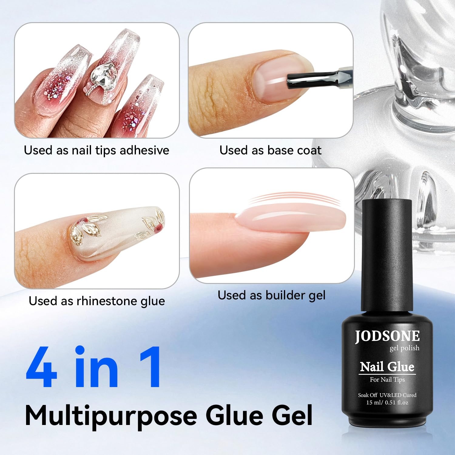 JODSONE 15ml Nail Glue Gel 4 in 1 for Nail Tips Long Lasting Extension Glue for Clear Nail Tips and Clear Press on Nails, Nail Repair Treatment, Salon Art DIY at Home Need U V Light Cured(15ml Clear 5-in-1) - view 3