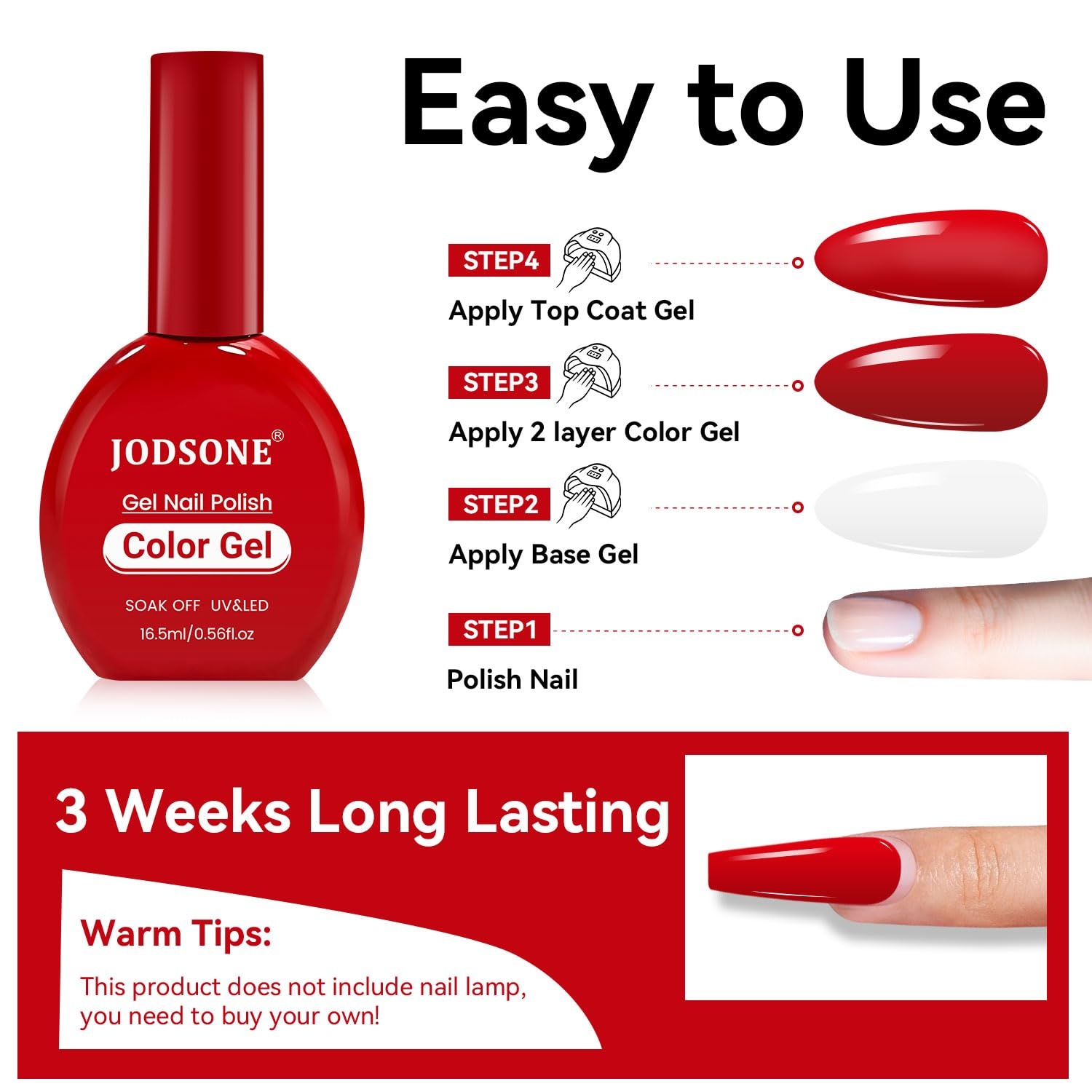 JODSONE 12 PCS 16.5 ml Gel Nail Polish Same Color Same Bottle with Base Coat and Top Coat, 10 Colors for At-Home Salon Nail Art, Holiday Gifts(16.5ml-Red) - view 7
