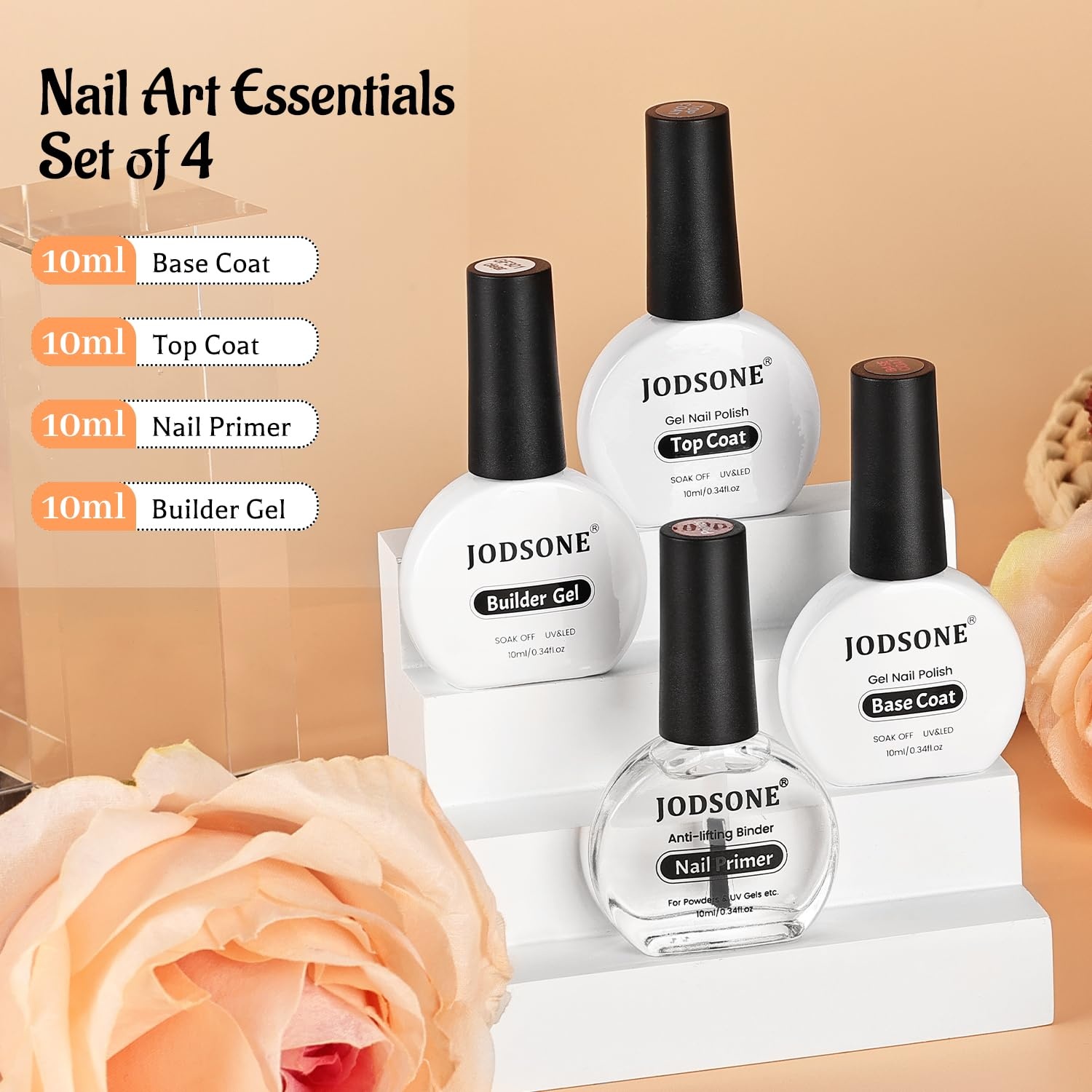 JODSONE 4 Bottle 10ML Nail Primer Base Coat Top Coat and Builder Gel Glossy Durable Long Lasting Gift for Girls at Home Salon Design(4pcs BTP-BG Set) - view 8