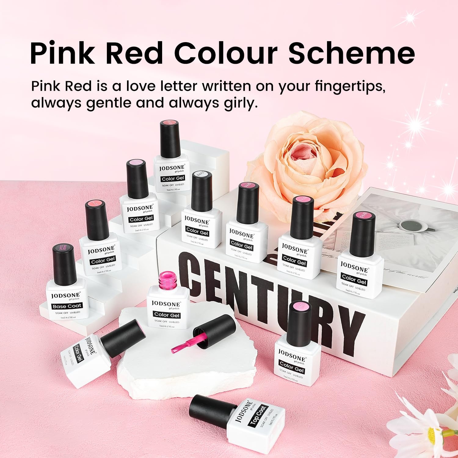 JODSONE 12 PCS Gel Nail Polish Set with Base Coat and Top Coat Limited Red Pink High Gloss Fashion Gifts for Women & Girls(10Color-pink) - view 6