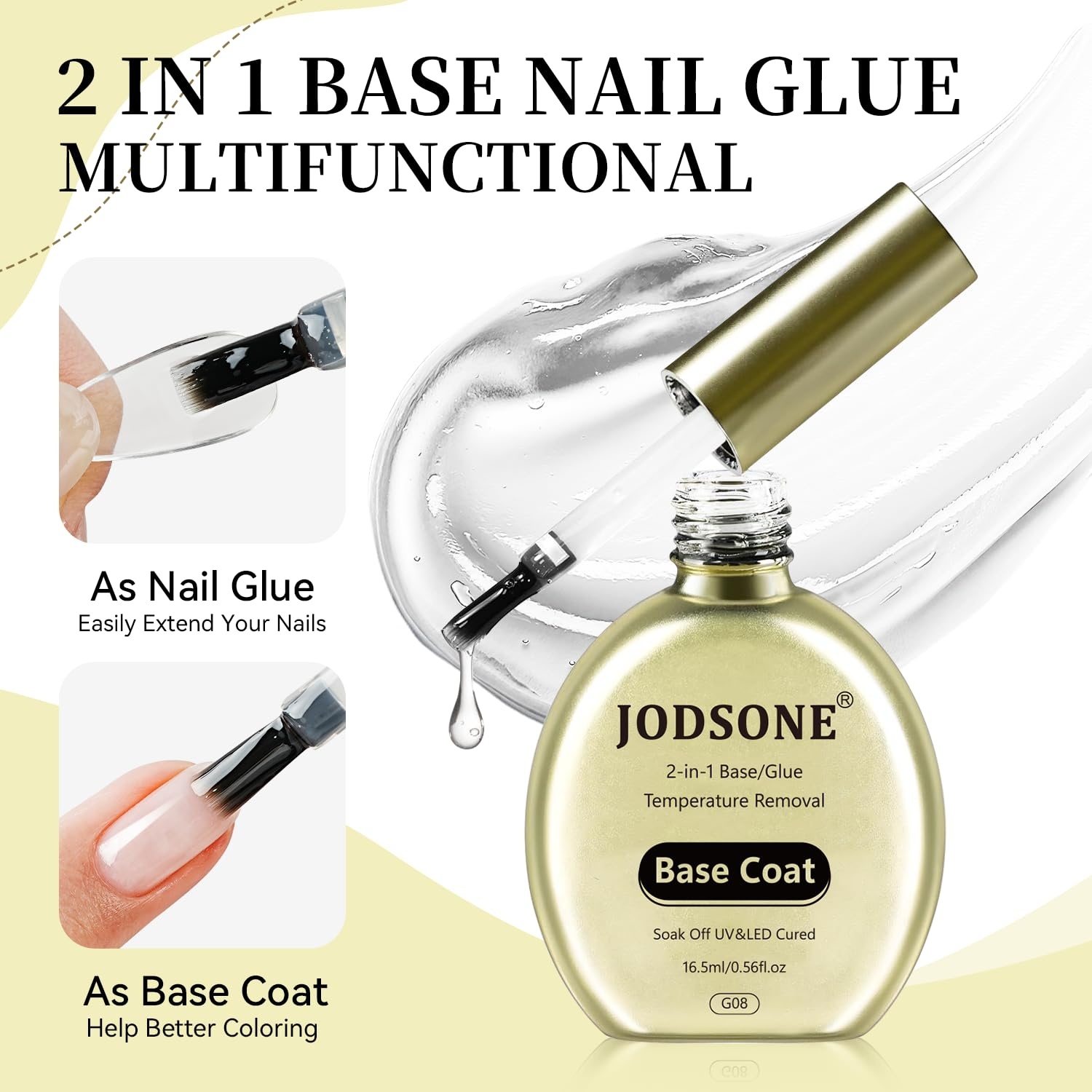 JODSONE Peel off Gel Base Coat,16.5ml No Wipe, Warmly Removable Foundation for Gel Nail Polish & Tips. U V/LED Cured, Long-Lasting, DIY Use(G08)