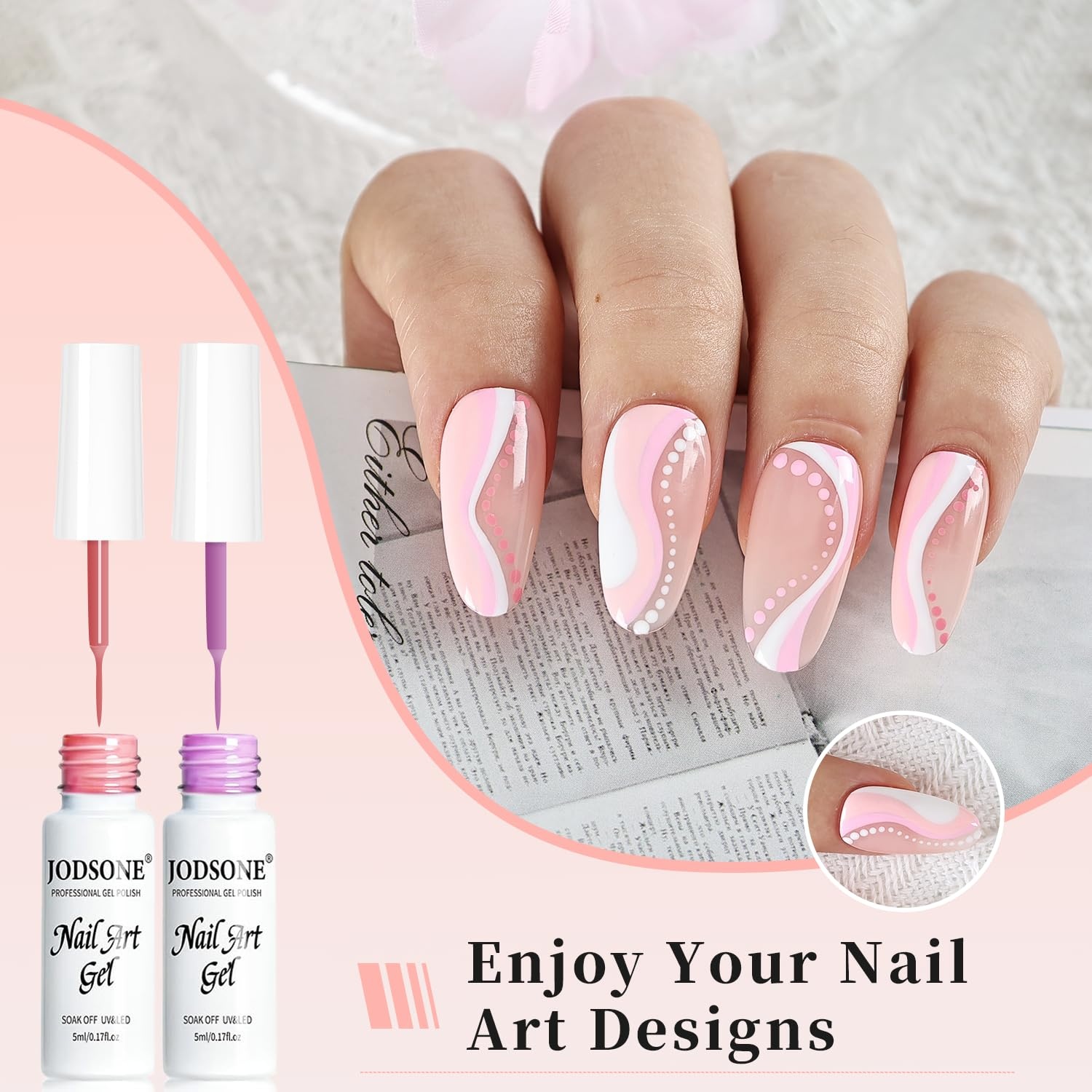 JODSONE 5ml Nail Art Gel Liner Set 10 Colors Gel Nail Polish Need U V Lamp Cured with Thin Brush Gift for Girls at Home Salon Design,Pink Red Blue Purple(LB501-LB510) - view 2