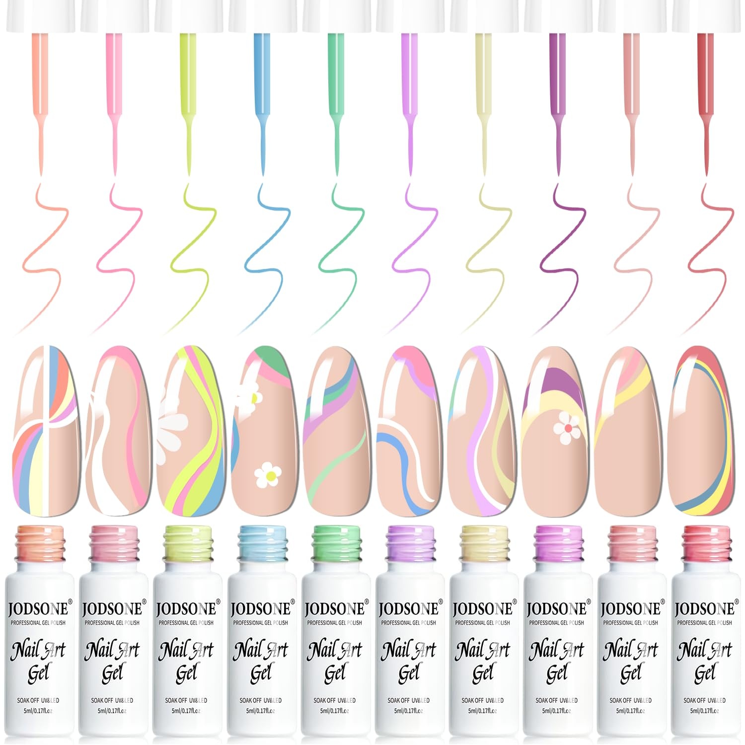 JODSONE 5ml Nail Art Gel Liner Set 10 Colors Gel Nail Polish Need U V Lamp Cured with Thin Brush Gift for Girls at Home Salon Design,Pink Red Blue Purple(LB501-LB510) - view 7