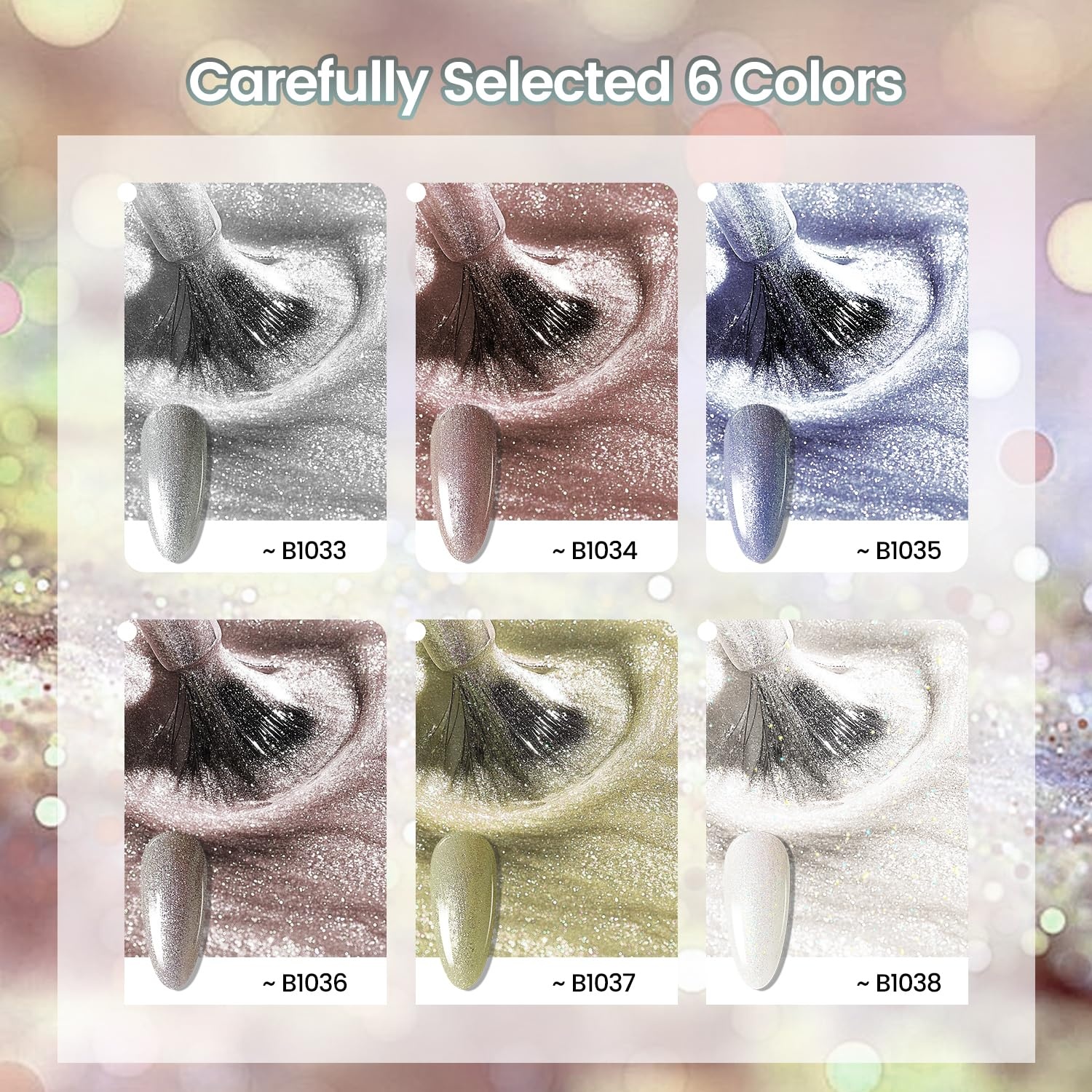 JODSONE 10ml Glitter Gel Nail Polish Set 6 Color and Base Coat Top Coat