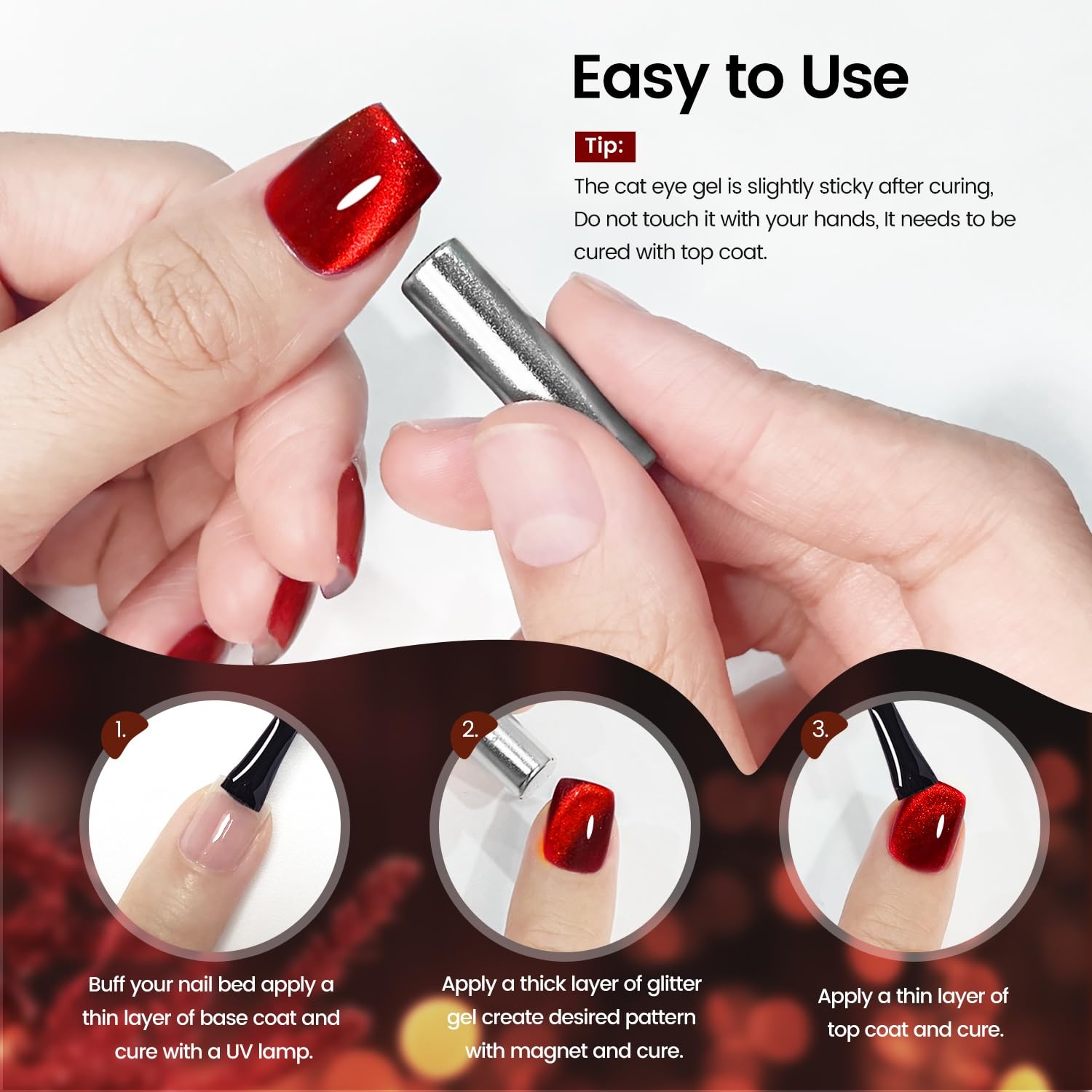 JODSONE 10ml Gel Nail Polish Cat Eye Red Gel Polish with Magnet Soak Off U V Lamp Deep Red Polish Nail Art Manicure Salon DIY Home - view 4