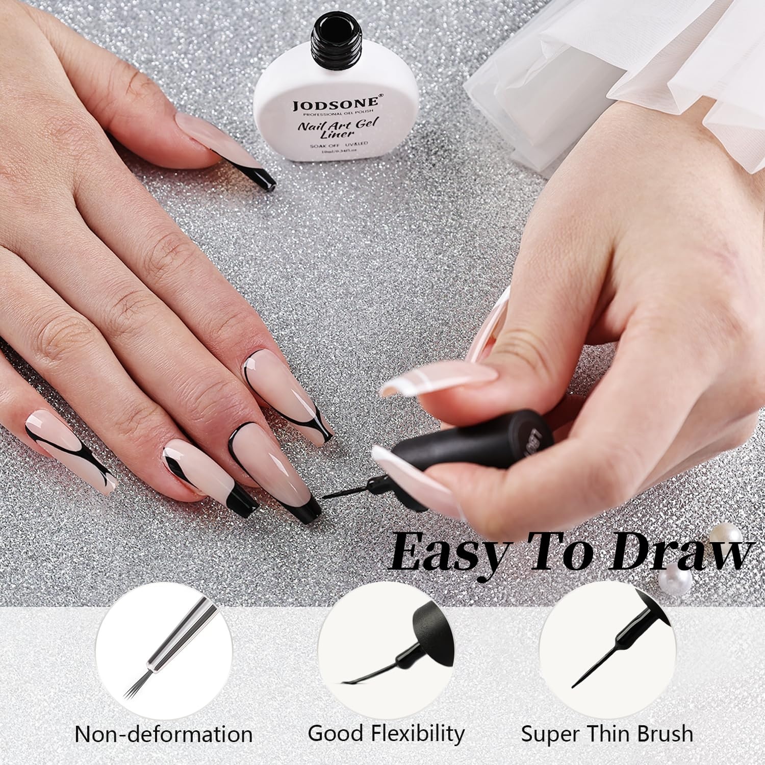 JODSONE Black Swirl Nail Art Liner Gel Polish,10ml Classic Color 3D Nail Art Pens Effect Nail Print Design with Thin Brush for French Tips Manicure Painting DIY at Home – LB01 - view 5