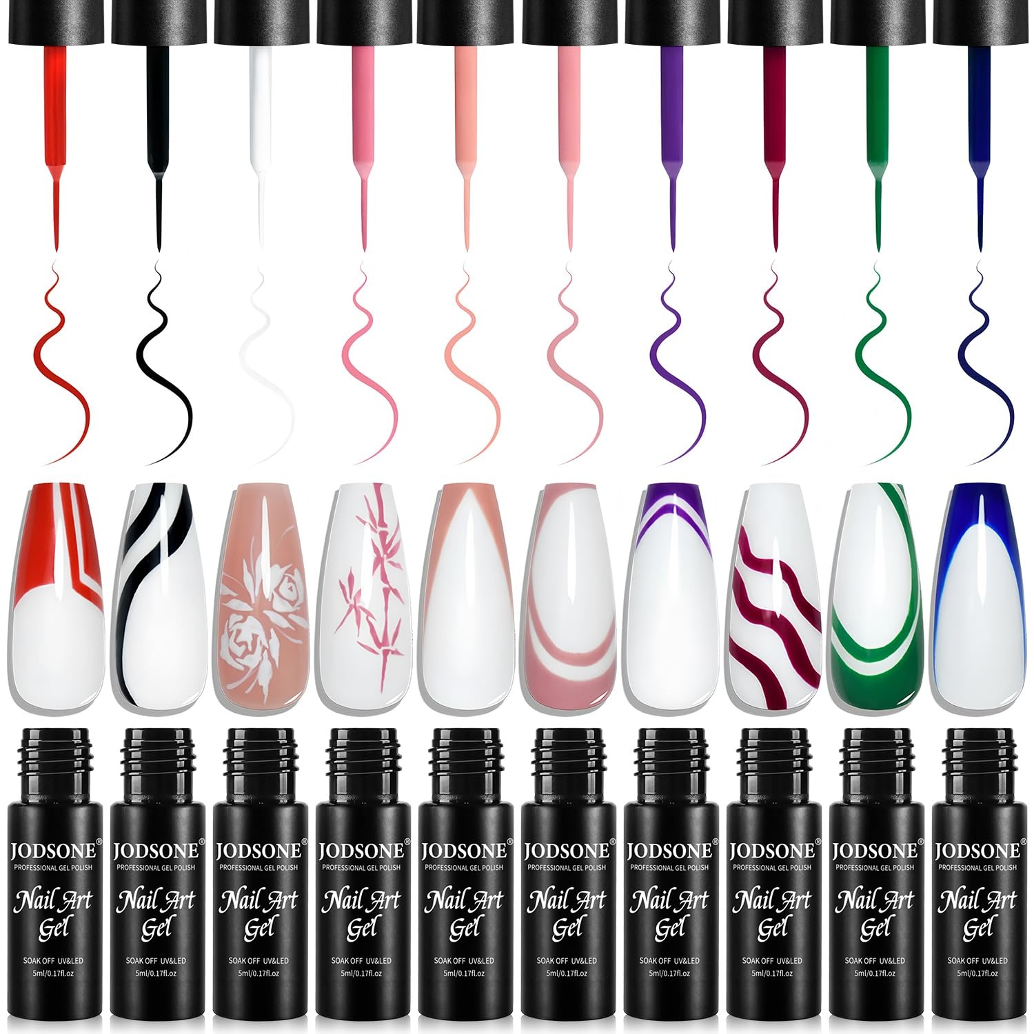 JODSONE 5ml Nail Art Gel Liner Set 10 Colors Gel Nail Polish Need U V Lamp Cured with Thin Brush Gift for Girls at Home Salon Design,Pink Red Blue Purple(10colors set-2) - view 7