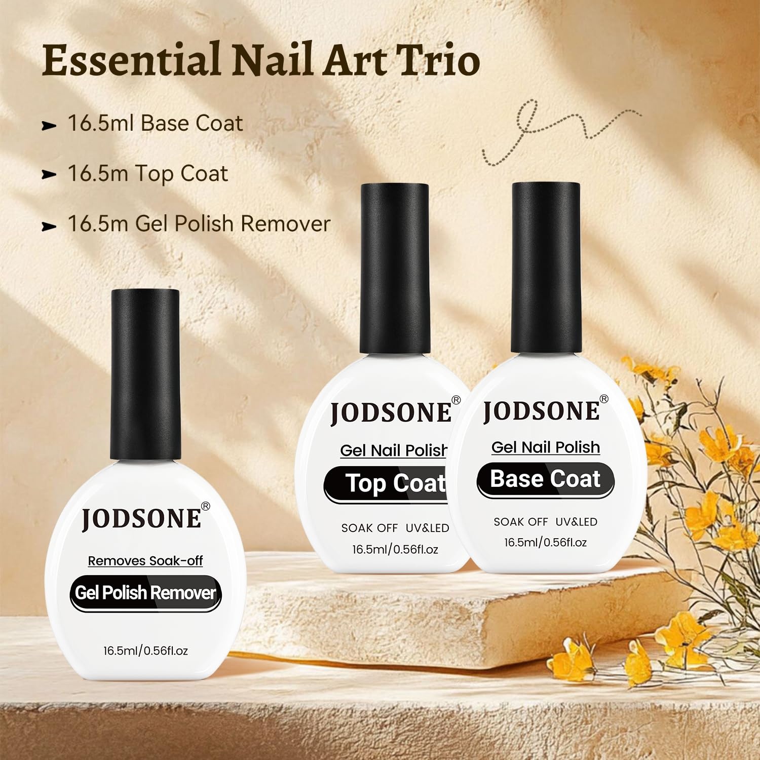 JODSONE 3Pcs 16.5ml Top Coat and Base Coat Set with Gel Nail Remover No Wipe Top Coat Base Need U V Lamp Cured Gel Nail Remover for Quick and Easy Removal At Home(GN010) - view 6