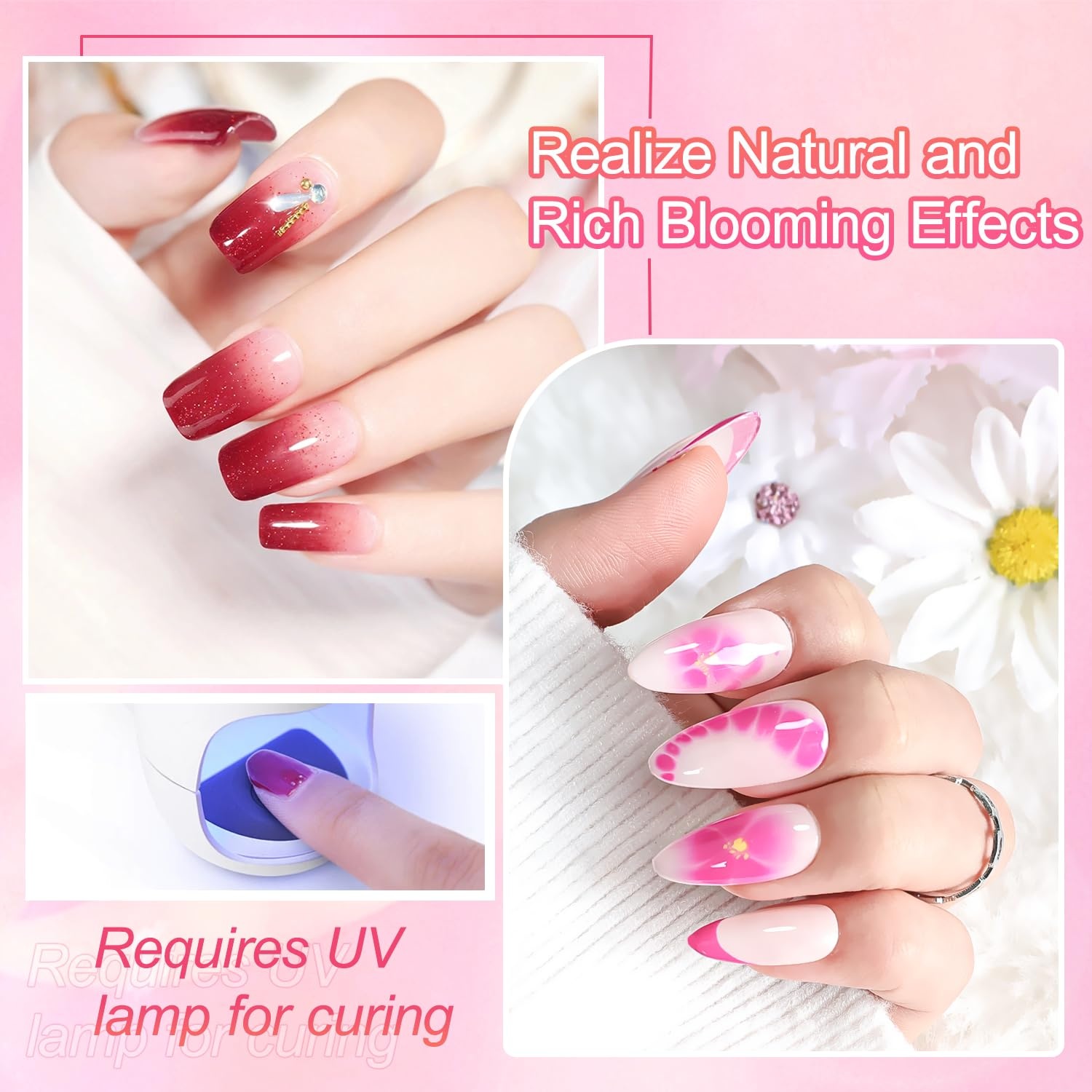 JODSONE 3Pcs 16.5ml Top Coat And Base Coat Set with Blooming Gel No Wipe Top Coat Base Blooming Gel for Spreading Effect Print Nail Painting Need U V Lamp Cured(16.5ML Blooming Gel) - view 3