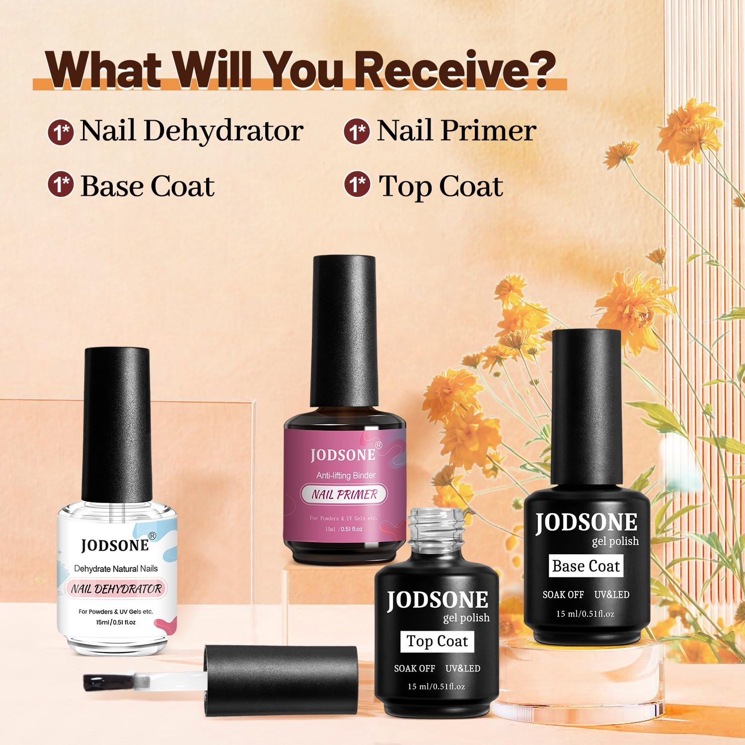 JODSONE 15ML Nail Primer Base Coat Top Coat Glossy Quick Drying Durable DIY Nail Art Design Long Lasting Gift(15ML-DPBT)