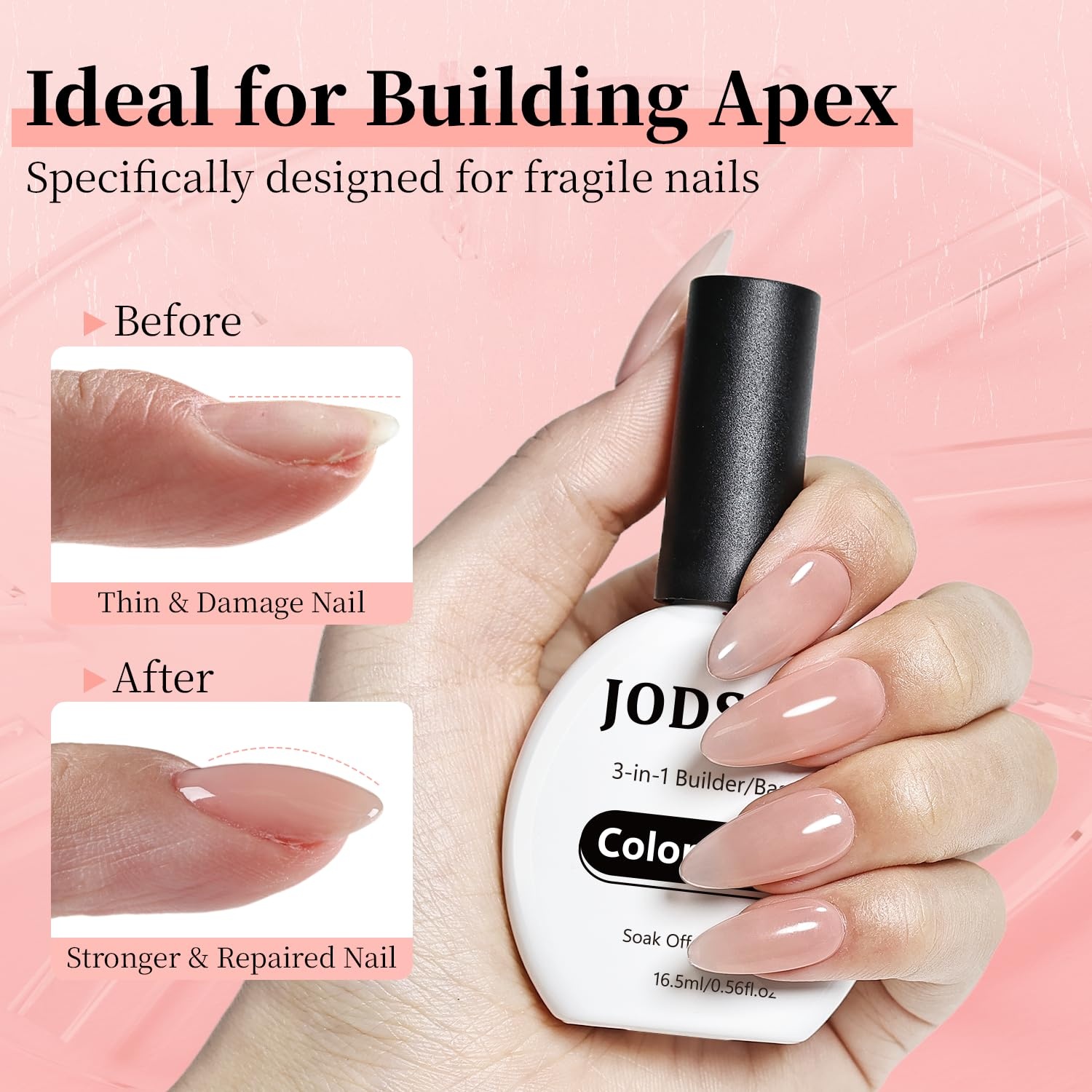JODSONE Rubber Base Builder Gel for Nails,16.5ML 3-in-1 Nude Pink Rubber Base Gel Polish for Nail Thickening Solution Strengthen,Apex Building,Enhance(BG13-Nude Pink) - view 2
