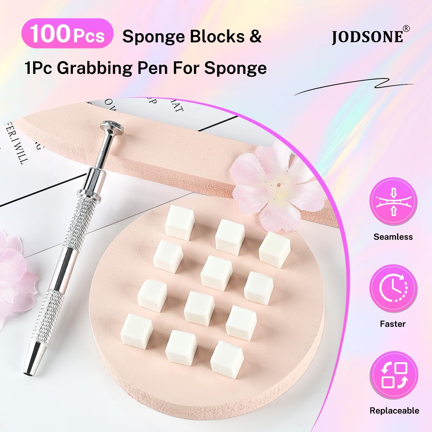 JODSONE 100PCS Soft Nail Sponges for Ombre with 1 Stainless Grabbing Pen Professional Gradient Nail Sponge Tool Nail Art Gradient Designs Blush Nail Art - view 4