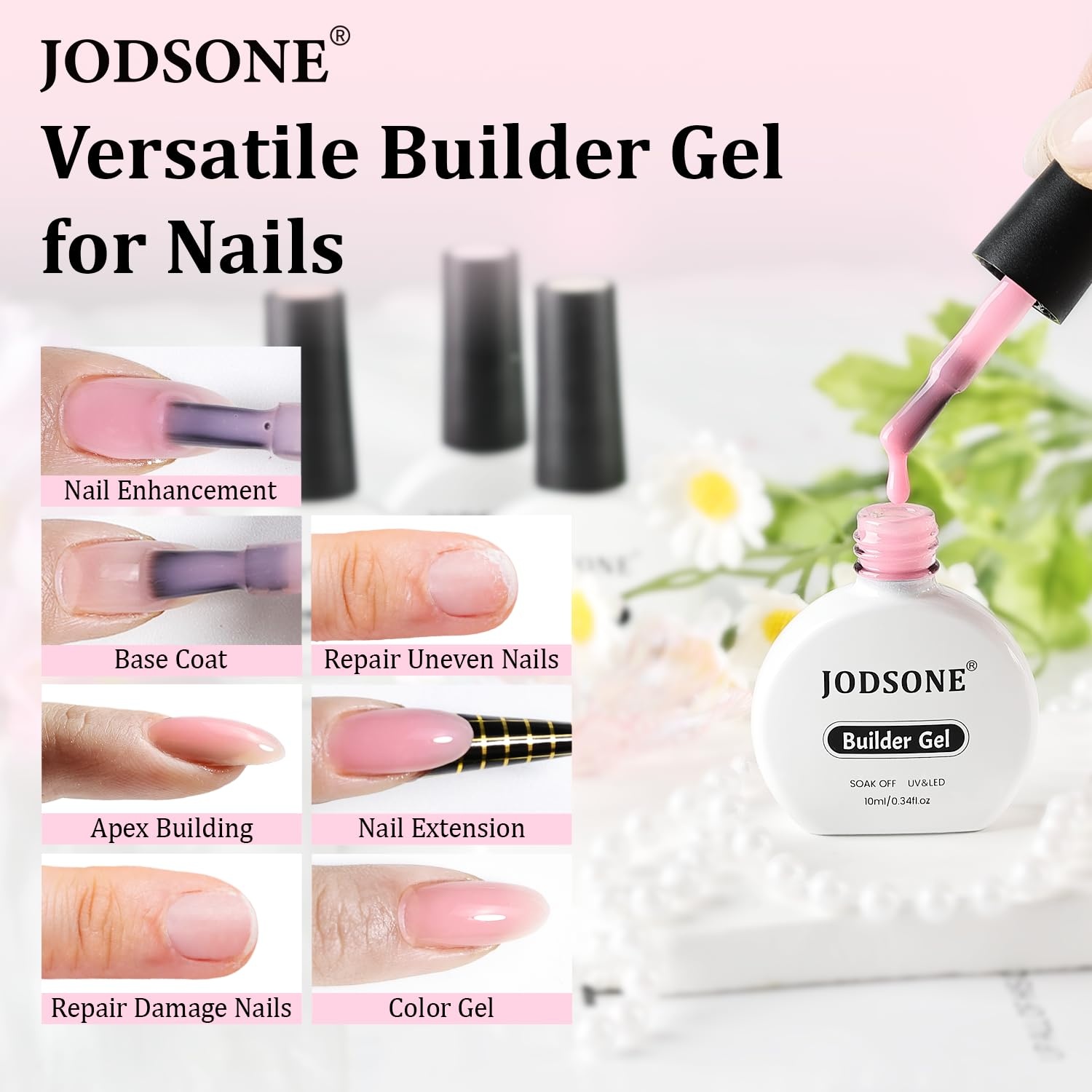 JODSONE Builder Gel for Nails,4Pcs 10ML Builder Gel Set, Nail Apex and Extension Strengthener Hard Need to Cured by Nail Lamp,Clear White Pink Brown(GJ01-GJ04)