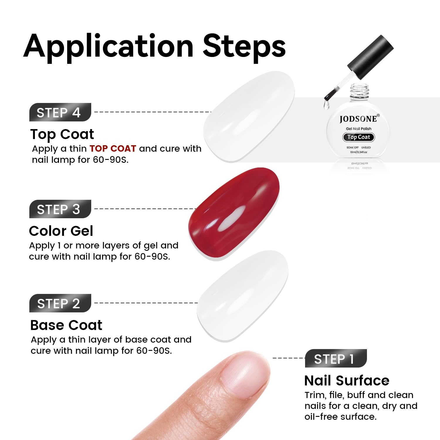 JODSONE 4 Bottle 10ML Nail Primer Base Coat Top Coat and Builder Gel Glossy Durable Long Lasting Gift for Girls at Home Salon Design(Top coat) - view 8