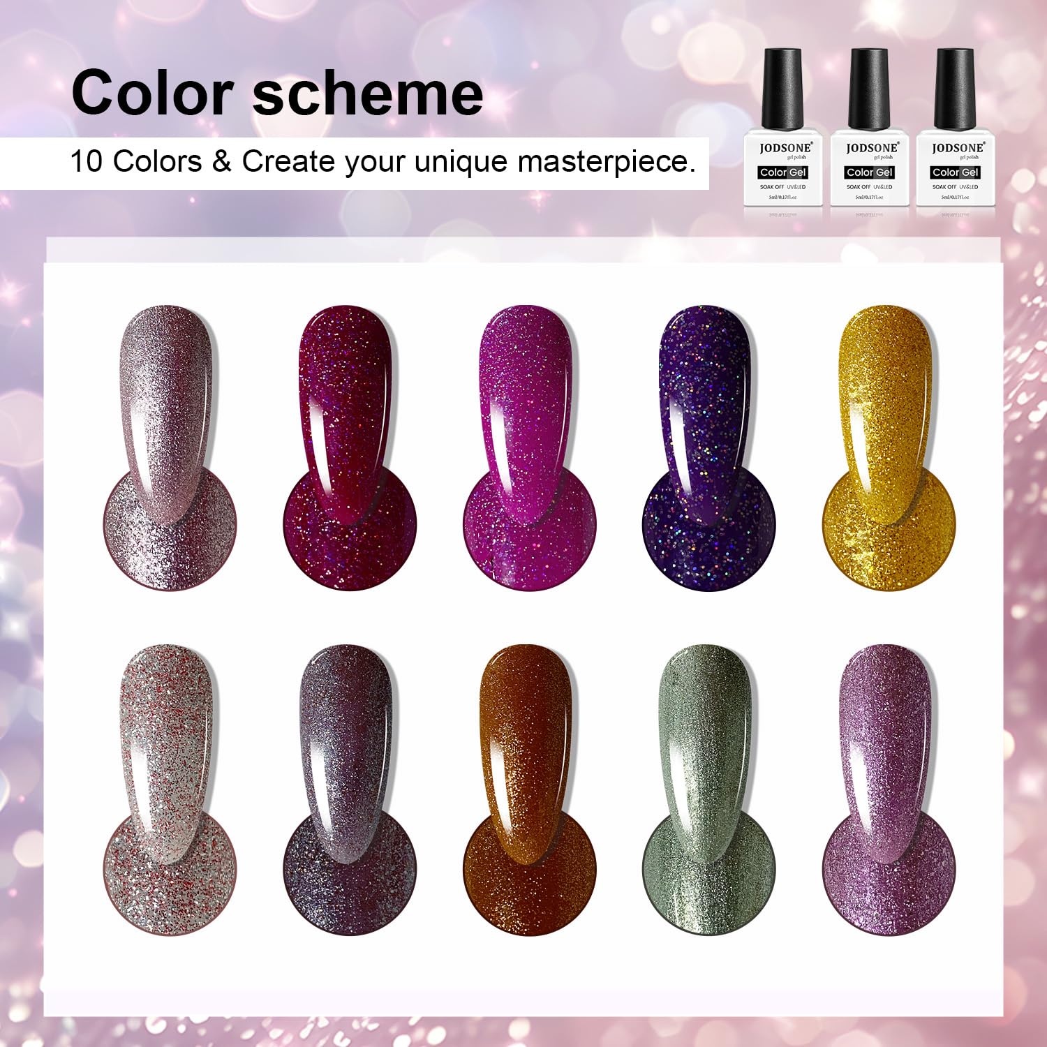JODSONE 12 PCS Gel Nail Polish Set with Base Coat and Top Coat Limited Red Pink High Gloss Fashion Gifts for Women & Girls(10Color-12)