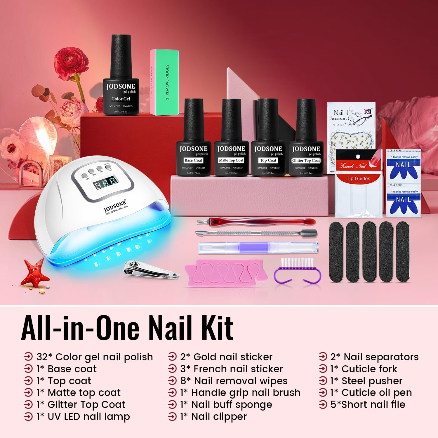 JODSONE Gel Nail Polish Kit with U V Light 32 Colors with Top Coat Base Coat