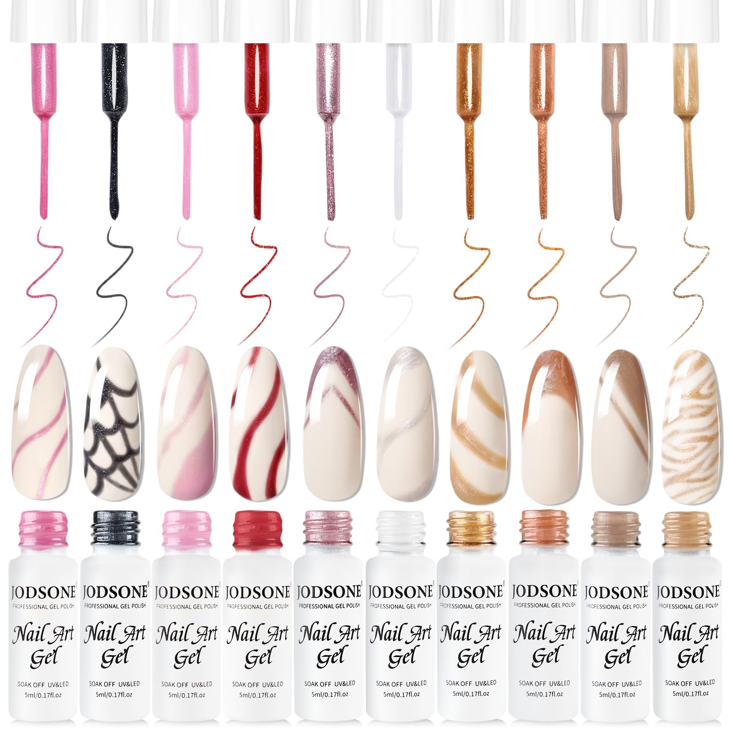 JODSONE 5ml Nail Art Gel Liner Set 10 Colors Gel Nail Polish Need U V Lamp Cured with Thin Brush Gift for Girls at Home Salon Design,Pink Red Blue Purple(LB1001-LB1010) - view 7