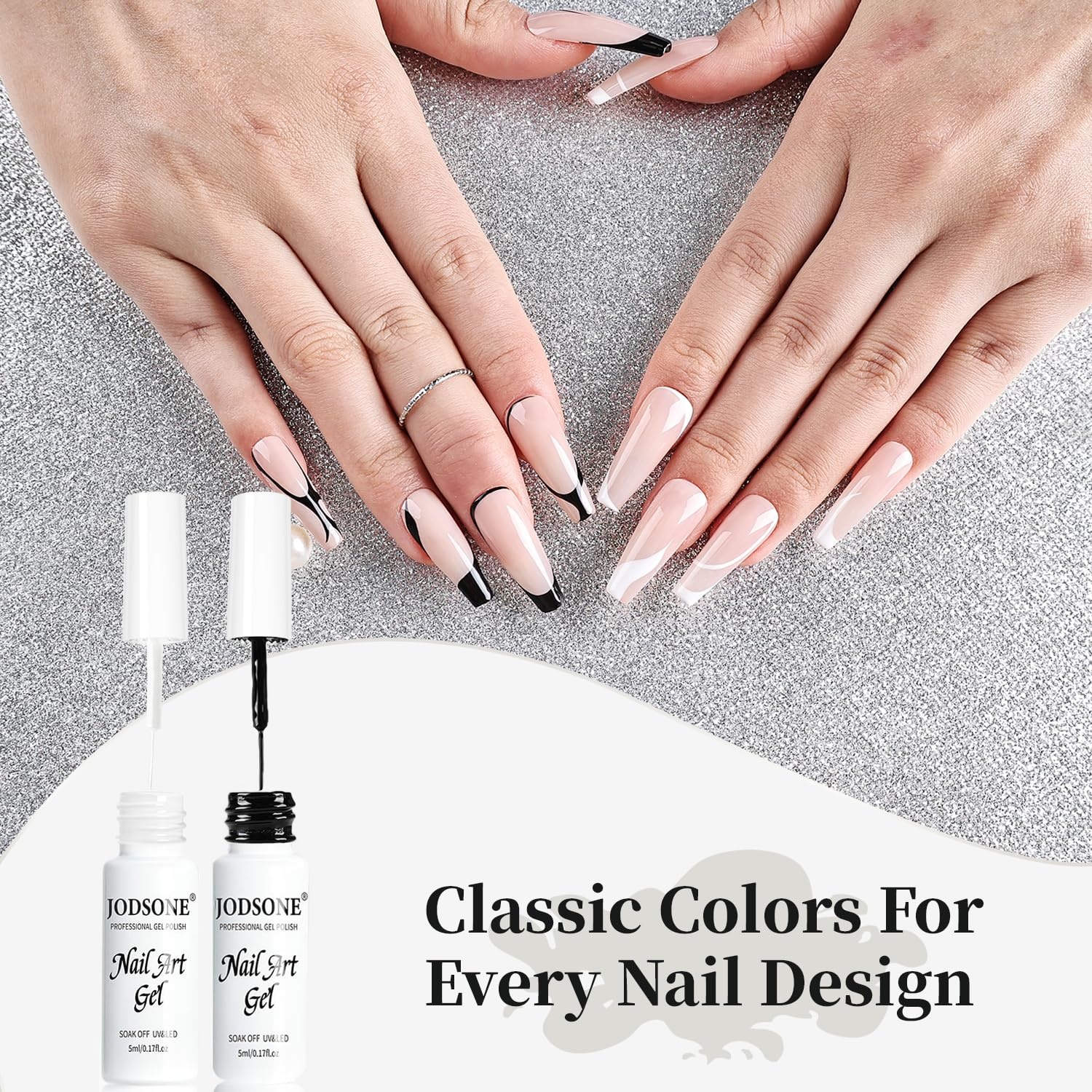 JODSONE 2pcs Metallic Nail Art Gel Liner Gold Mirror Chrome and Silvery 3D Effect Gel Nail Polish Thin Brush Metal Painted DIY at Home Salon Quality Gift for Women(White & Black)