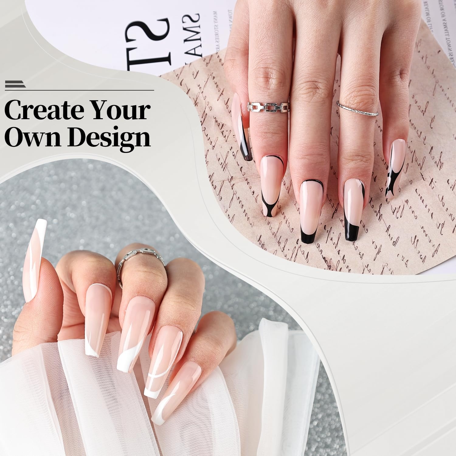 JODSONE 2pcs Metallic Nail Art Gel Liner Gold Mirror Chrome and Silvery 3D Effect Gel Nail Polish Thin Brush Metal Painted DIY at Home Salon Quality Gift for Women(White & Black) - view 2