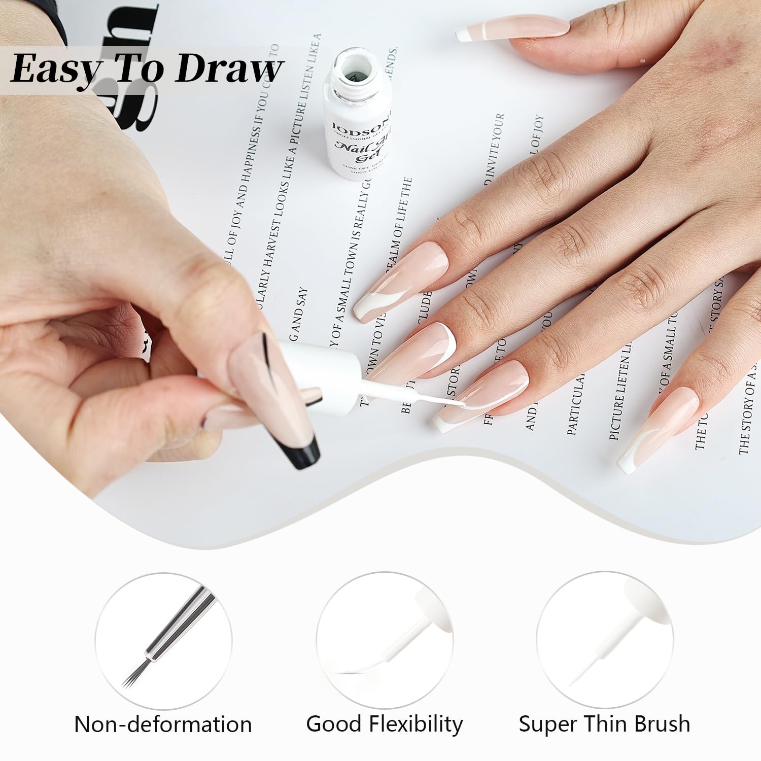 JODSONE 2pcs Metallic Nail Art Gel Liner Gold Mirror Chrome and Silvery 3D Effect Gel Nail Polish Thin Brush Metal Painted DIY at Home Salon Quality Gift for Women(White & Black) - view 5