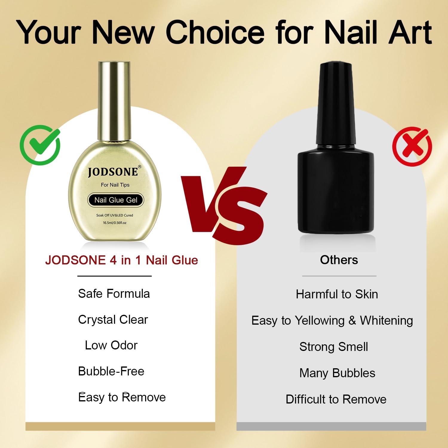 JODSONE 15ml Nail Glue Gel 4 in 1 for Nail Tips Long Lasting Extension Glue for Clear Nail Tips and Clear Press on Nails, Nail Repair Treatment, Salon Art DIY at Home Need U V Light Cured(1pcs-16.5ml-gold nail glue)
