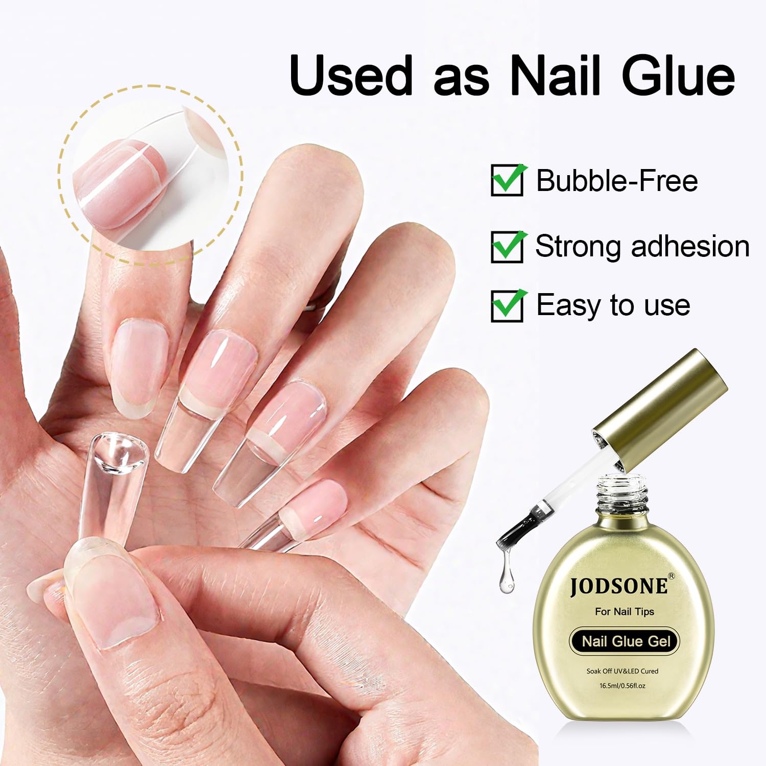 JODSONE 15ml Nail Glue Gel 4 in 1 for Nail Tips Long Lasting Extension Glue for Clear Nail Tips and Clear Press on Nails, Nail Repair Treatment, Salon Art DIY at Home Need U V Light Cured(1pcs-16.5ml-gold nail glue) - view 3