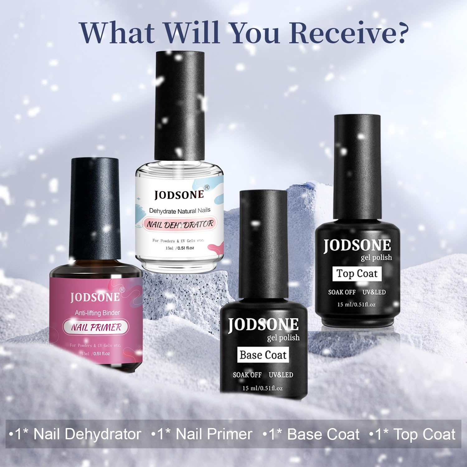 JODSONE 4 Bottles of 15 Capacities of Nail Dehydrator Nail Primer Base Top Coat Long Lasting and Easy to Apply Large Bottle(4-NewA-DPBT)