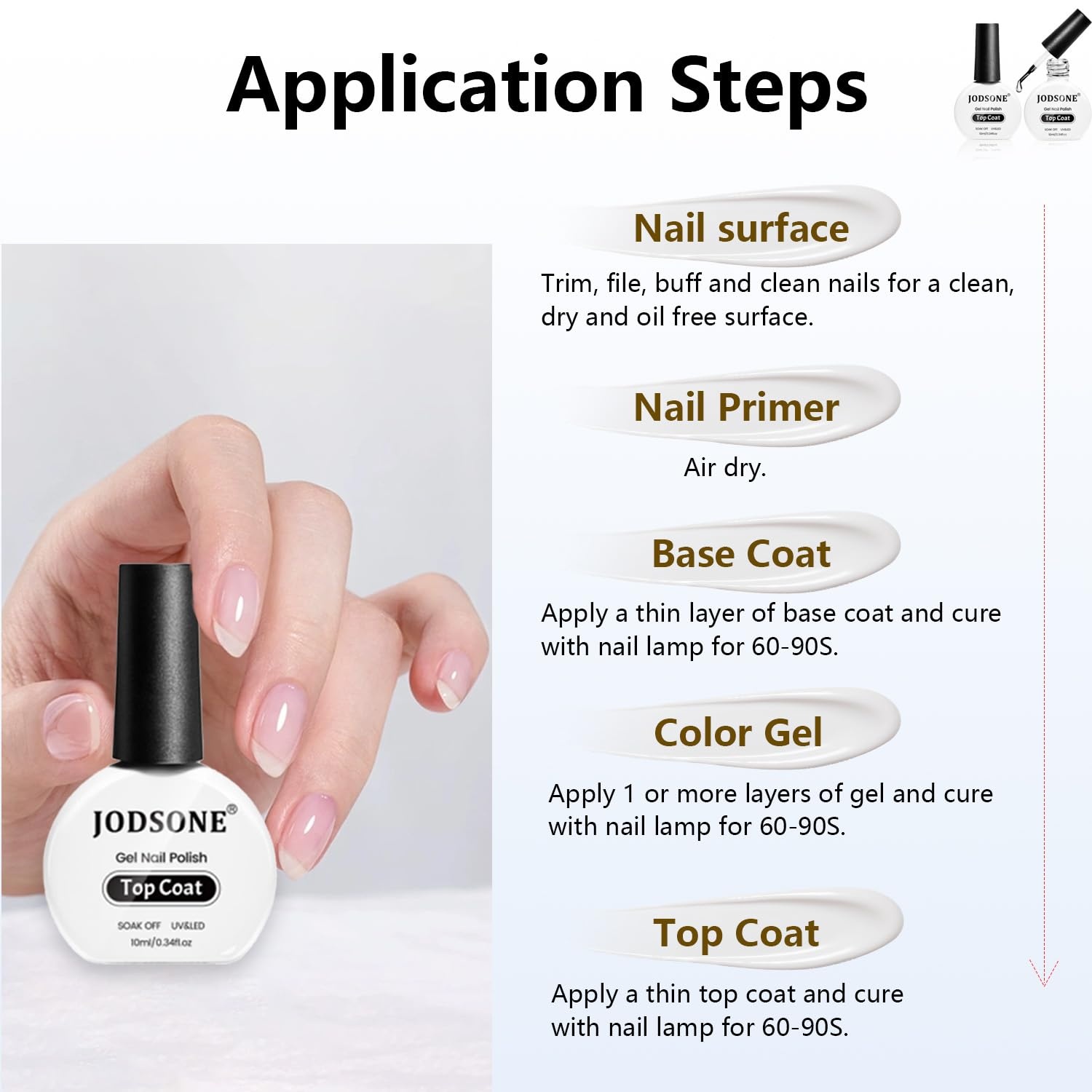 JODSONE 4 Bottle 10ML Nail Primer Base Coat Top Coat and Builder Gel Glossy Durable Long Lasting Gift for Girls at Home Salon Design(2pcs Top coat) - view 5