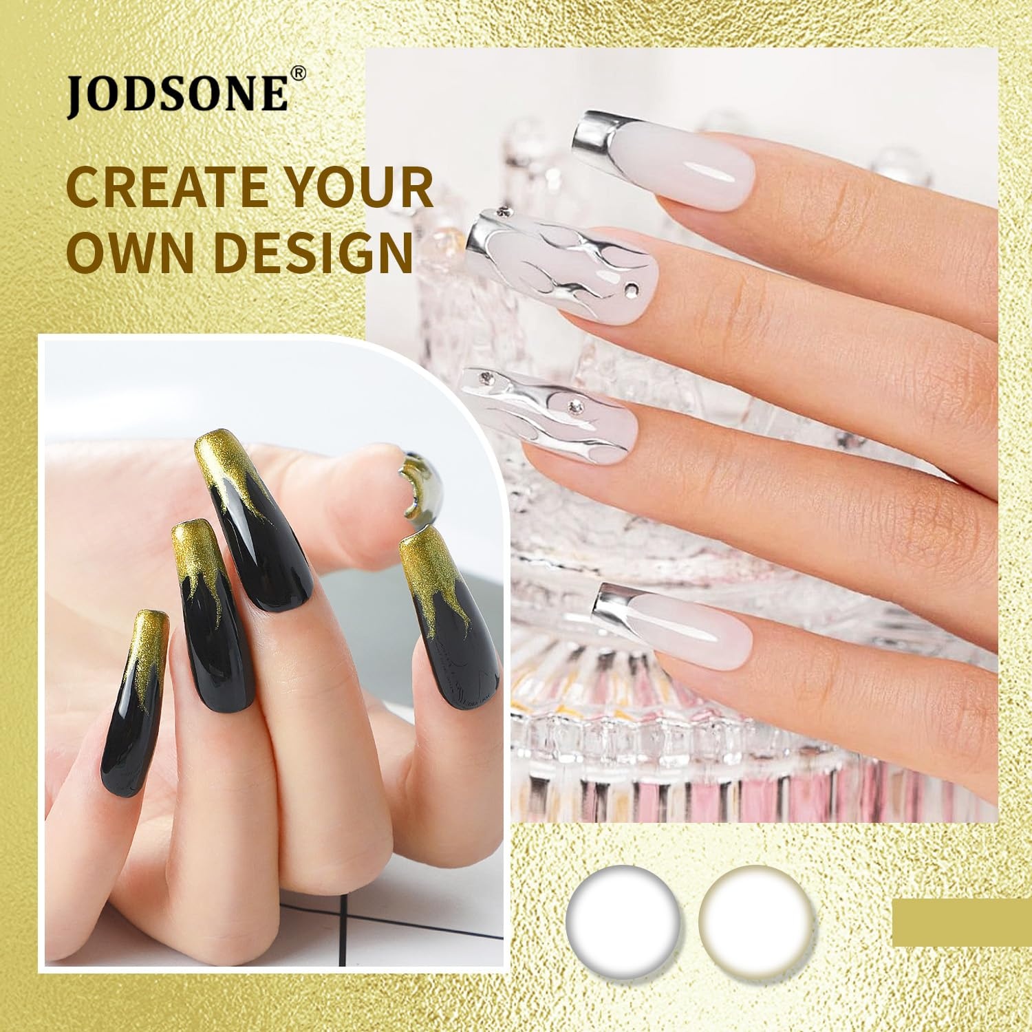 JODSONE 2pcs Metallic Nail Art Gel Liner Gold Mirror Chrome and Silvery 3D Effect Gel Nail Polish Thin Brush Metal Painted DIY at Home Salon Quality Gift for Women(Gold & Sliver)