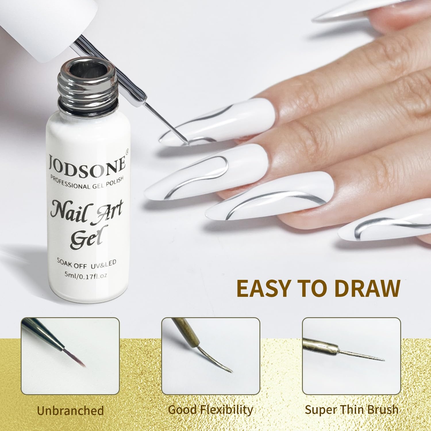 JODSONE 2pcs Metallic Nail Art Gel Liner Gold Mirror Chrome and Silvery 3D Effect Gel Nail Polish Thin Brush Metal Painted DIY at Home Salon Quality Gift for Women(Gold & Sliver) - view 4