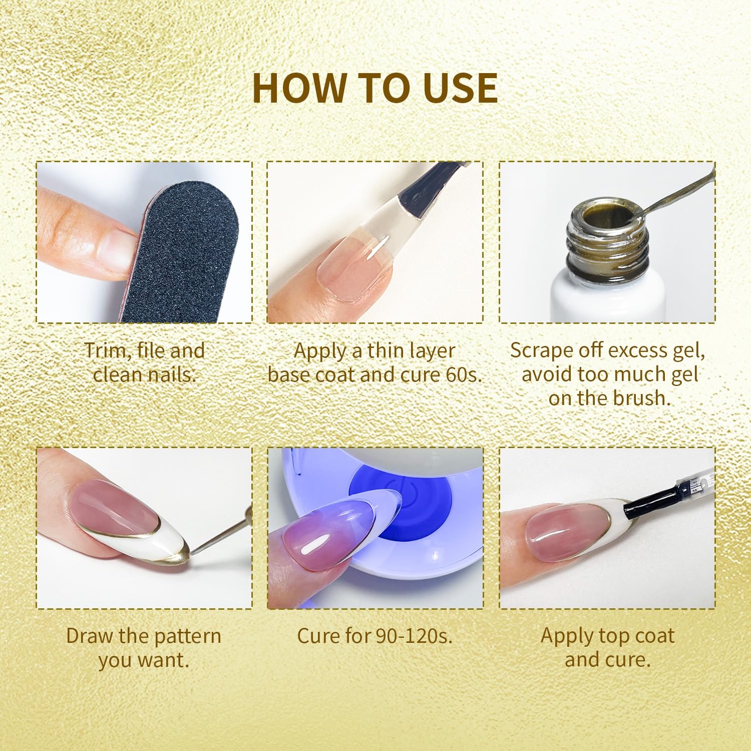 JODSONE 2pcs Metallic Nail Art Gel Liner Gold Mirror Chrome and Silvery 3D Effect Gel Nail Polish Thin Brush Metal Painted DIY at Home Salon Quality Gift for Women(Gold & Sliver) - view 6