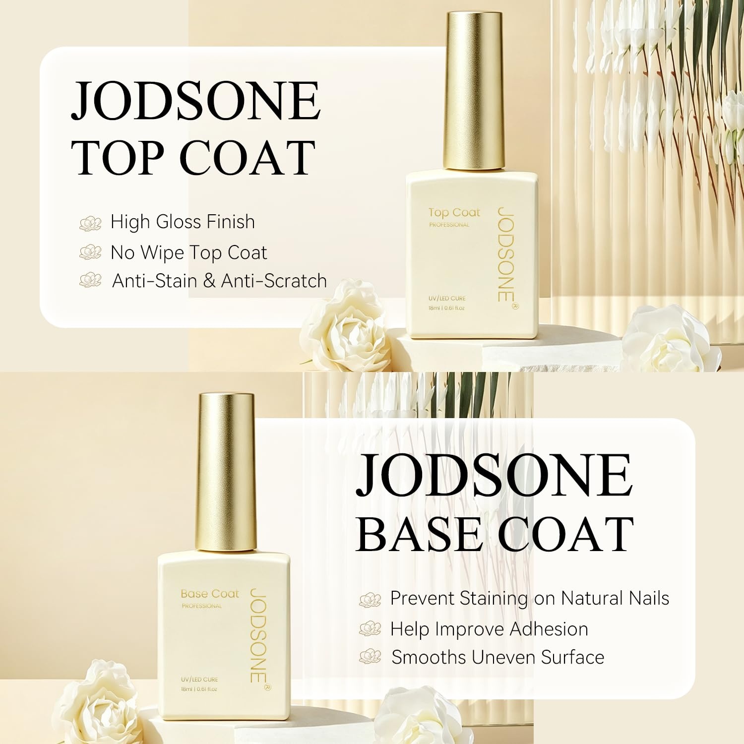 JODSONE No Wipe Base and Top Coat Gel Set, 2Pcs 18ML Soak Off UV LED Clear Gel, Long Lasting Gloss Finish for DIY & Salon Manicure