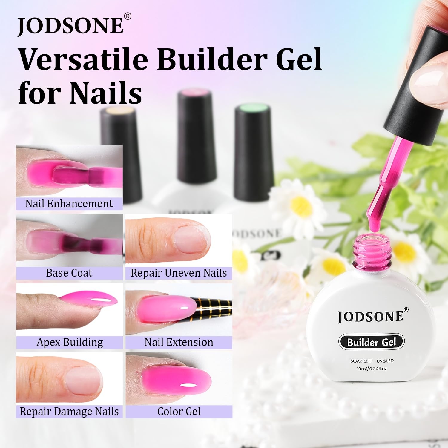 JODSONE Builder Gel for Nails,4Pcs 10ML Builder Gel Set, Nail Apex and Extension Strengthener Hard Need to Cured by Nail Lamp,Clear White Pink Brown(GJ16-GJ19)
