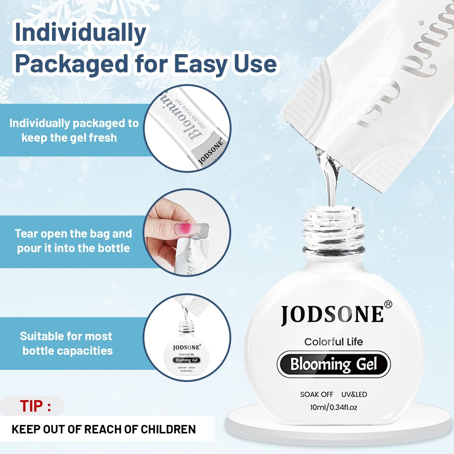 JODSONE 3Pcs 16.5ml Top Coat And Base Coat Set with Blooming Gel No Wipe Top Coat Base Blooming Gel for Spreading Effect Print Nail Painting Need U V Lamp Cured(10pcs 10g blooming gel refill)