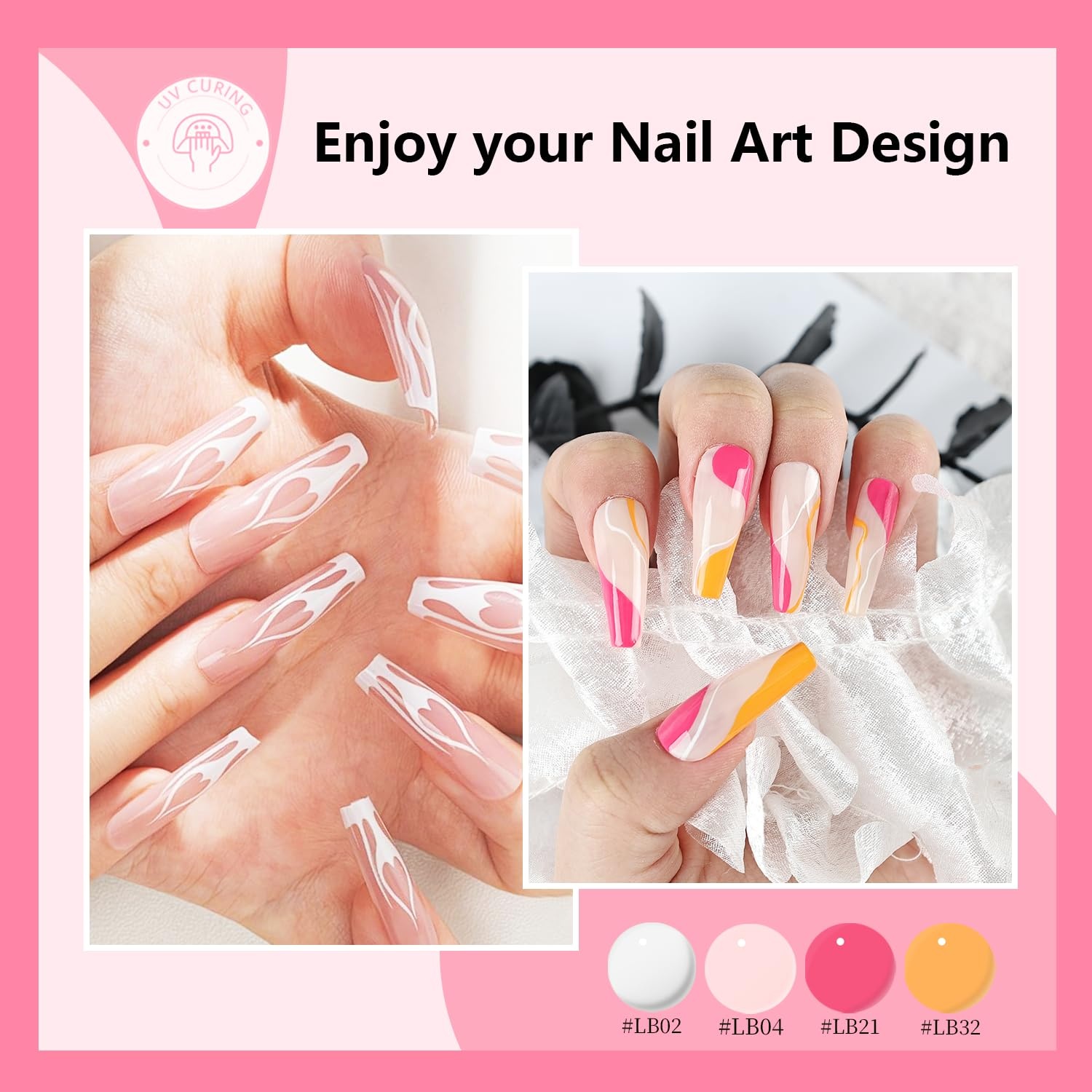 JODSONE 5ml Nail Art Gel Liner Set 10 Colors Gel Nail Polish Need U V Lamp Cured with Thin Brush Gift for Girls at Home Salon Design,Pink Red Blue Purple(LB01-LB32) - view 3