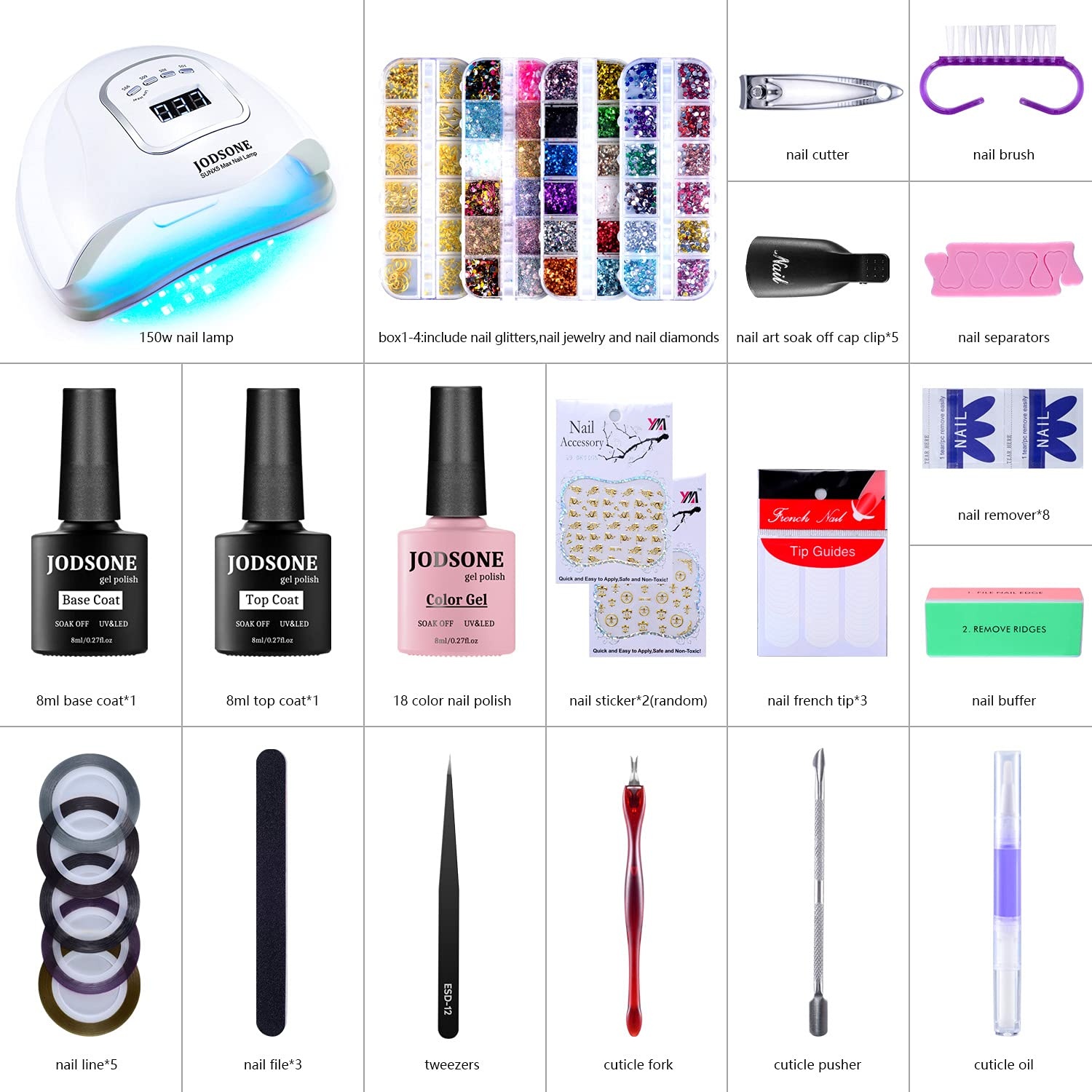 JODSONE Gel Nail Polish Kit with UV Light, 18 Colors Gel Nail Polish Set with 150W UV Led Nail Lamp Base Coat Top Coat DIY Home Manicure Tools Nail art Glitters Rhinestones Gift for Women A018 - view 4