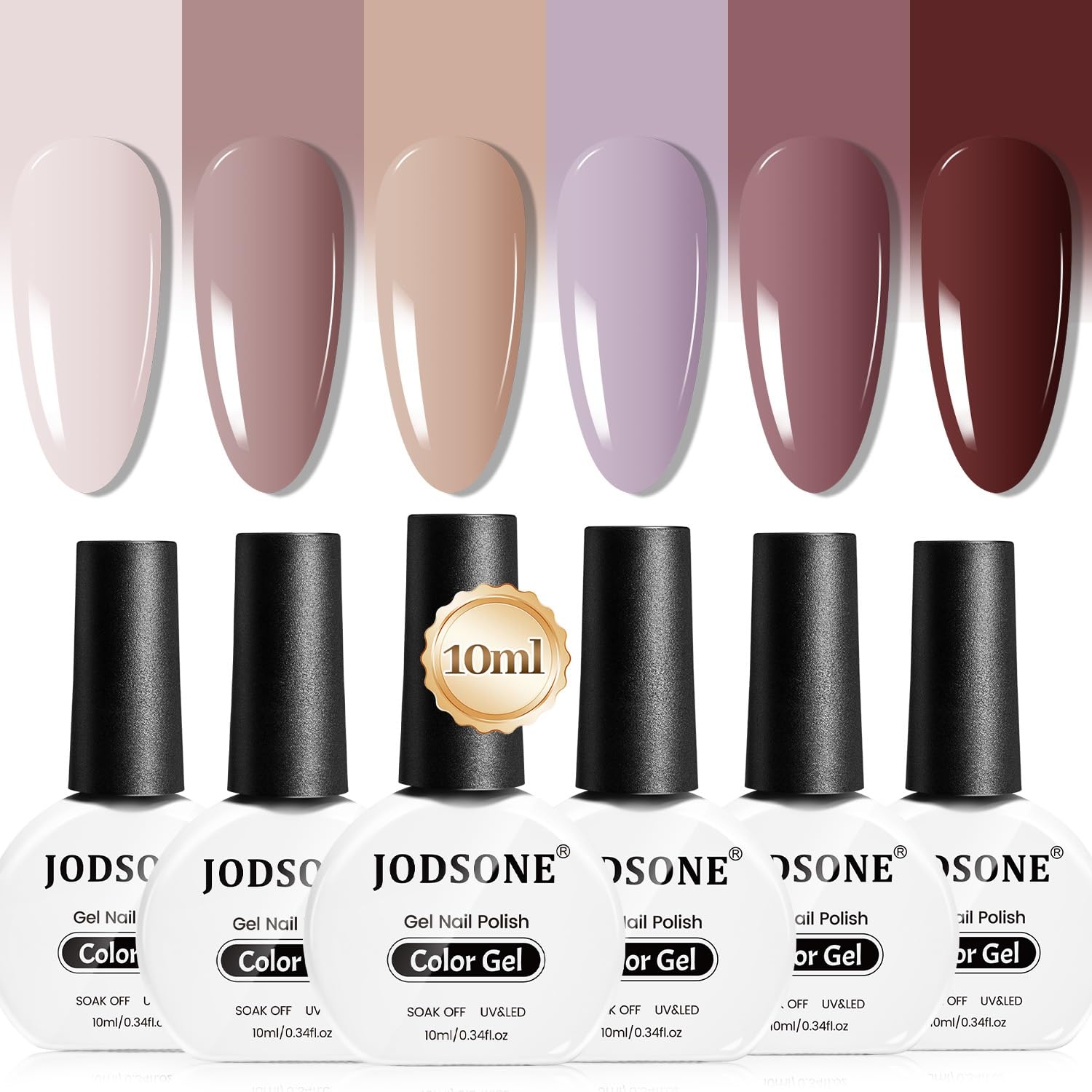 JODSONE 10ml Nude Pink Gel Nail Polish Set 6Colors Fast Drying & Long Lasting Neutral Brown Red Purple Nail Polish and Top Coat Base Coat