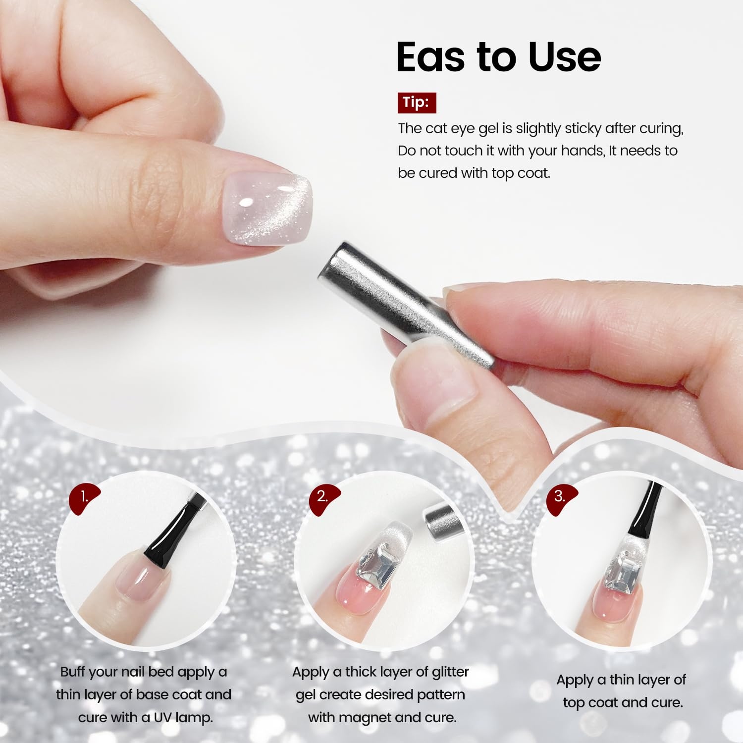 JODSONE 16.5ml Cat Eye Gel Nail Polish Pink Purple Glitter Magnetic Reflective Translucent at Home Salon Design Need U V Curing(Glitter Silver 10ml (CAT01)) - view 5