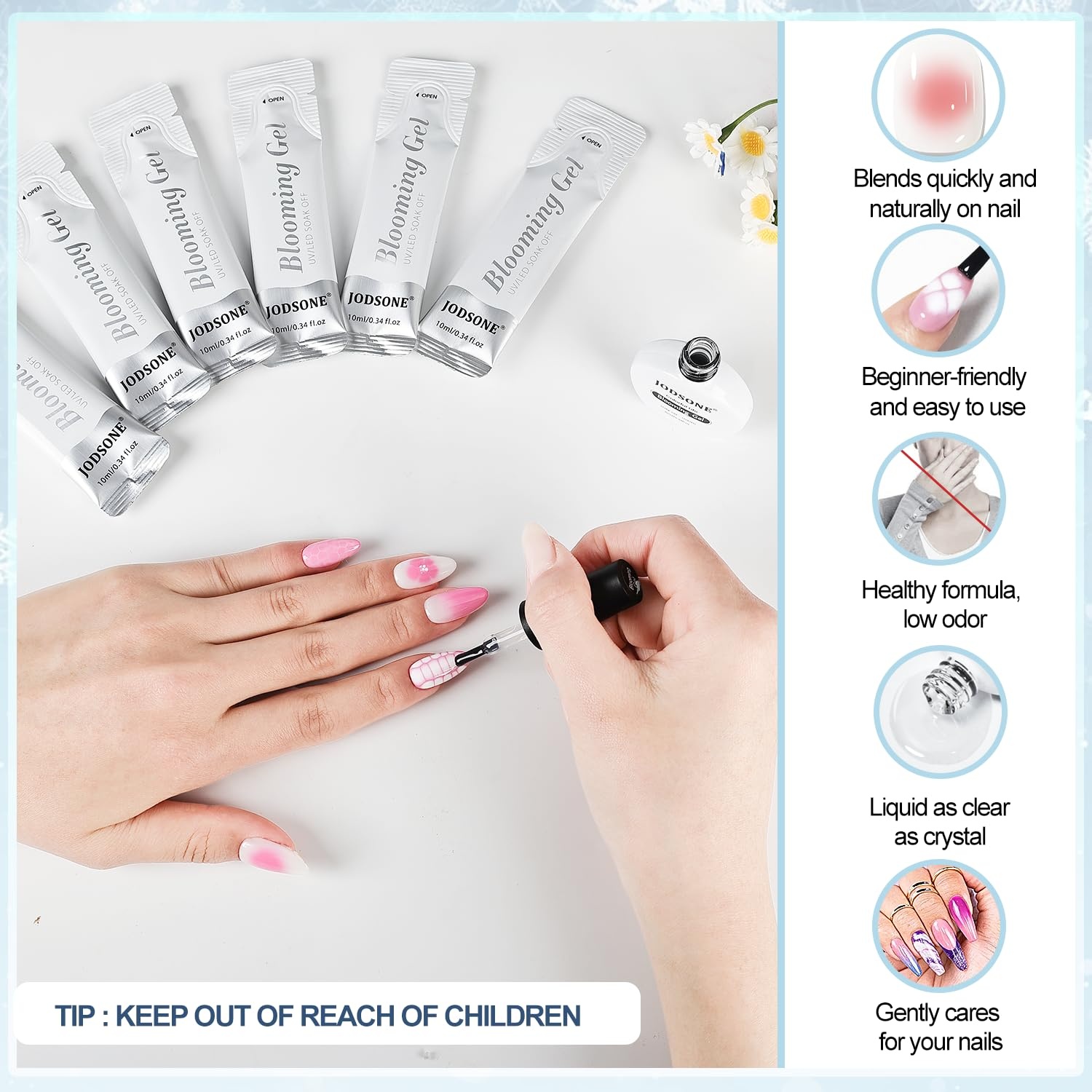 JODSONE 3Pcs 16.5ml Top Coat And Base Coat Set with Blooming Gel No Wipe Top Coat Base Blooming Gel for Spreading Effect Print Nail Painting Need U V Lamp Cured(6pcs 10g blooming gel refill) - view 3