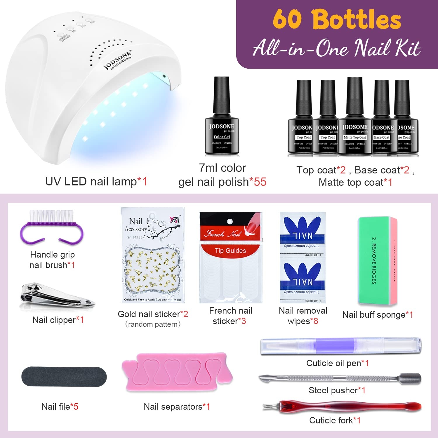 JODSONE 60 PCS Gel Nail Polish Kit with U V Light 4 Bottles of 15ML Nail Dehydrator Nail Primer Base Coat Top Coat Glossy Surface Quick Drying Durable - view 3