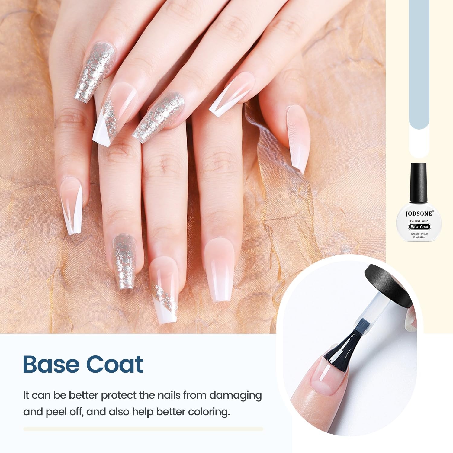 JODSONE 4 Bottle 10ML Nail Primer Base Coat Top Coat and Builder Gel Glossy Durable Long Lasting Gift for Girls at Home Salon Design(Base coat)