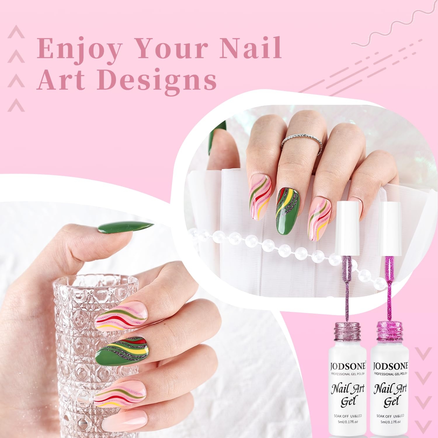 JODSONE 5ml Nail Art Gel Liner Set 10 Colors Gel Nail Polish Need U V Lamp Cured with Thin Brush Gift for Girls at Home Salon Design,Pink Red Blue Purple(LB1201-LB1210) - view 2