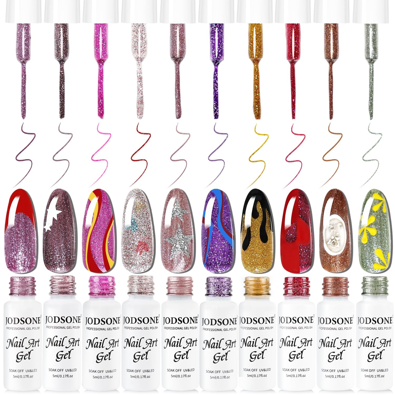 JODSONE 5ml Nail Art Gel Liner Set 10 Colors Gel Nail Polish Need U V Lamp Cured with Thin Brush Gift for Girls at Home Salon Design,Pink Red Blue Purple(LB1201-LB1210) - view 7